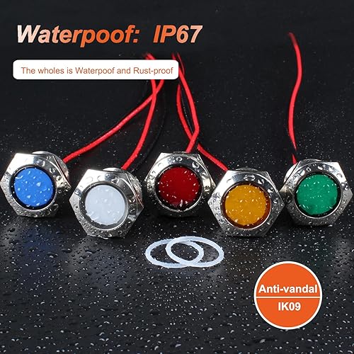 Miniatura 27 de 2 luces indicadoras LED de 0.630 in (5/8 pulgadas), 12-24 V AC/DC 20 mA ahorro de energía de metal impermeable IP67 lámpara piloto de una sola Verde