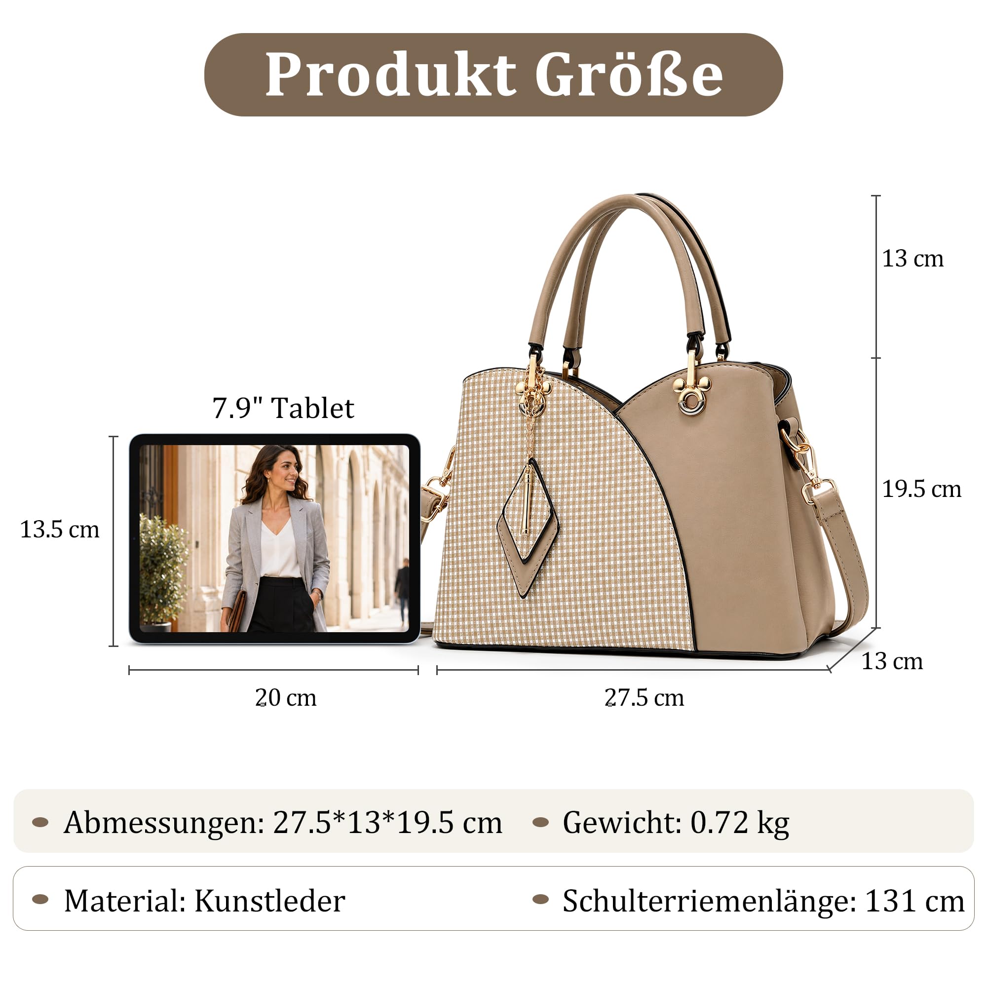 Damen Handtasche Mode Kariertes Umhängetasche Frauen Tasche PU Leder Schultertasche mit Rhombus-Anhänger Braun
