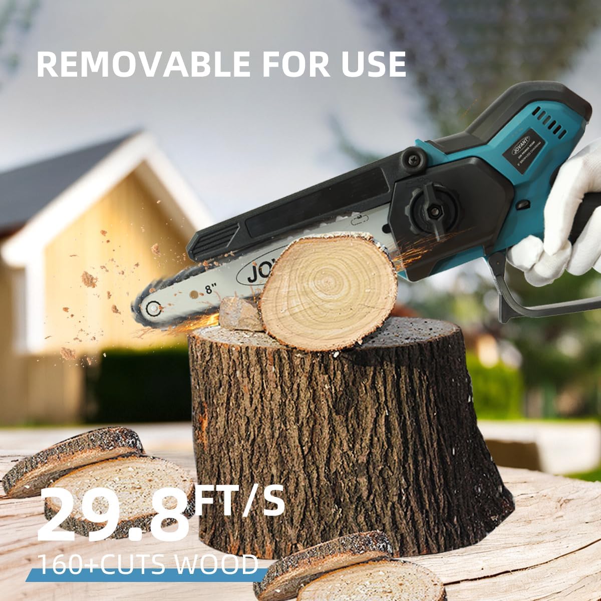 A person using the JOVANT 8-inch mini chainsaw to cut a log on a tree stump.