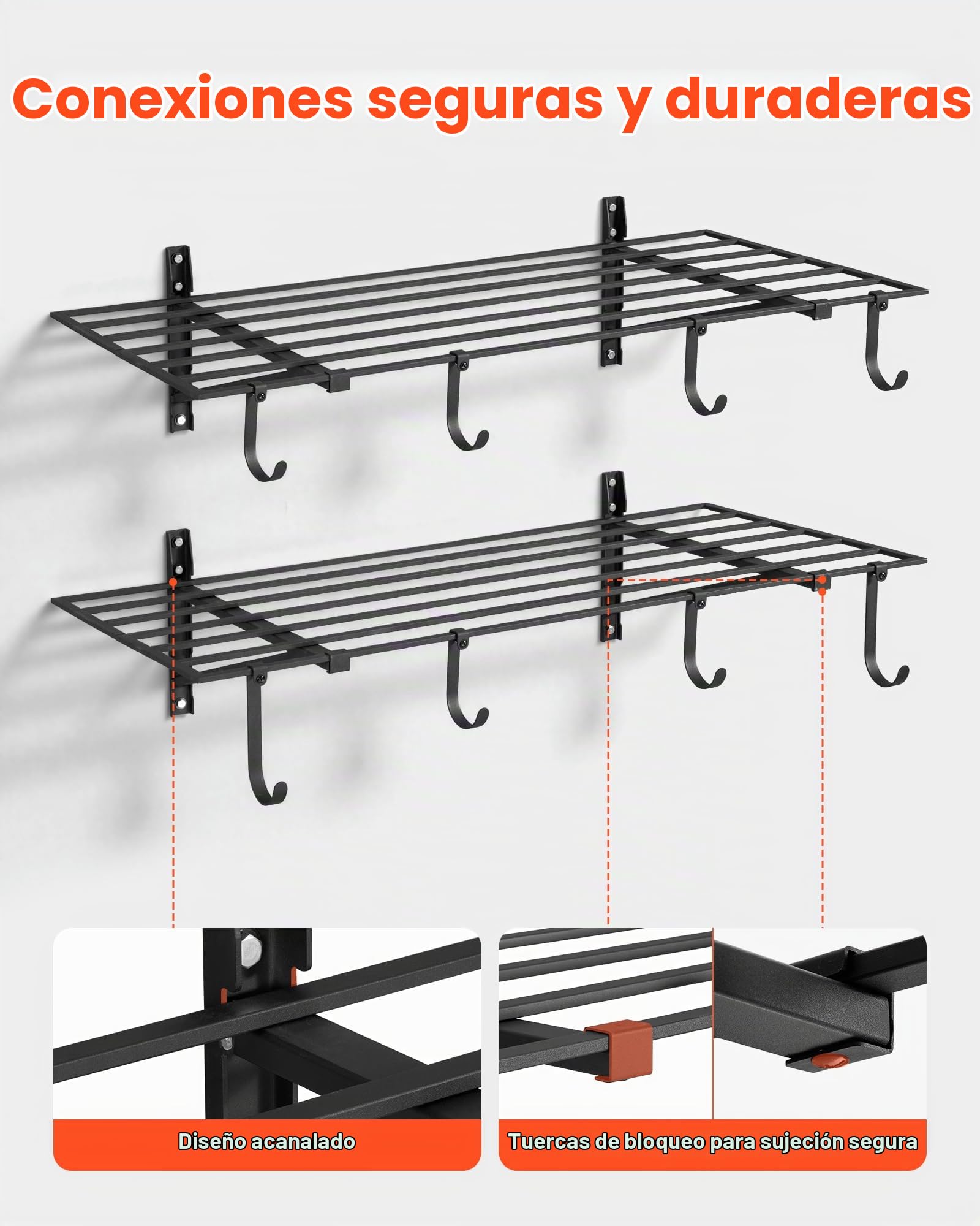 VEVOR Estantería de Pared de Acero Resistente 610x1219 mm Carga 118kg por Estante 235kg en Total, Distancia Ajustable, Juego de 2 Estanterías Flotantes con Ganchos para Cocina Lavandería Garaje Taller