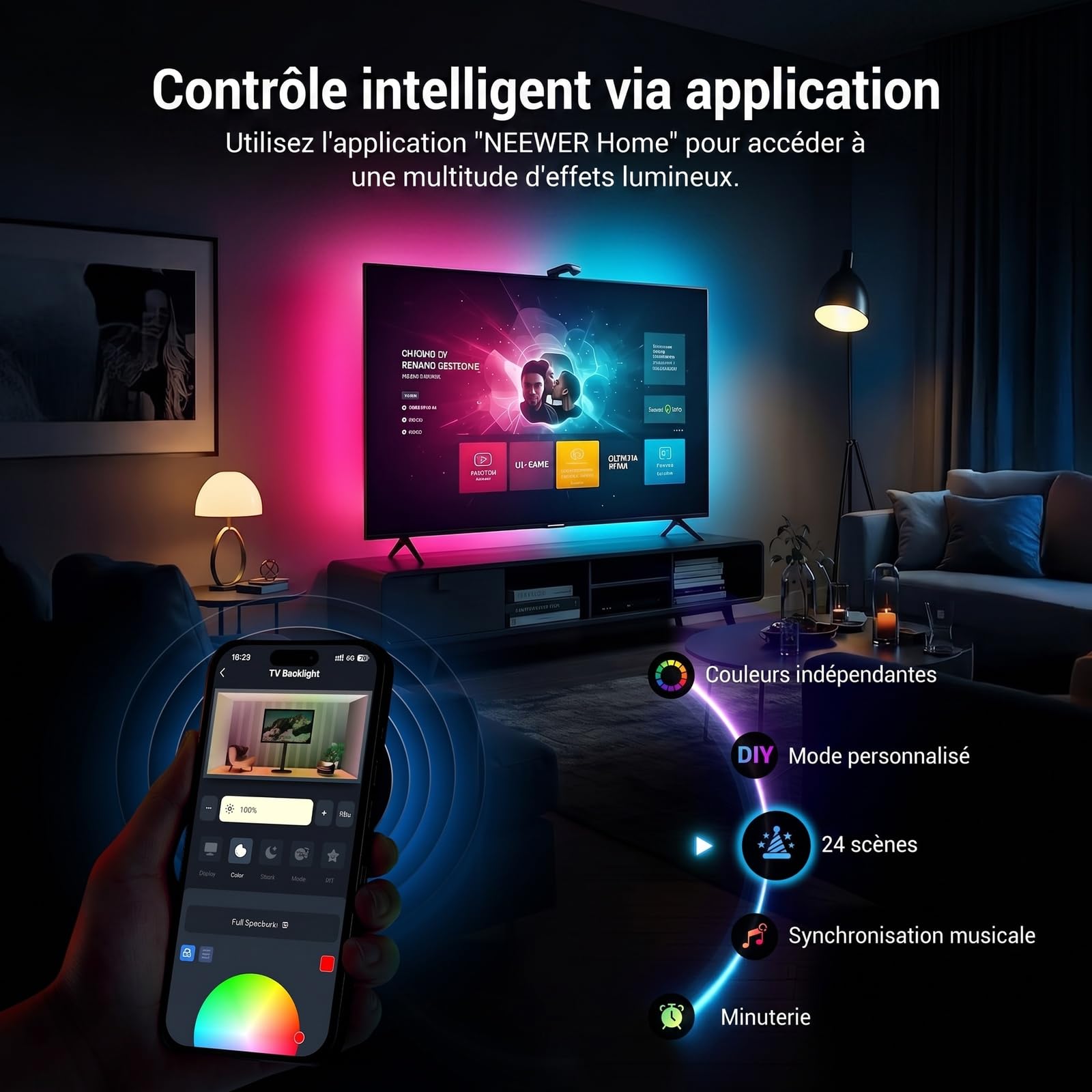NEEWER Basics Rétroéclairage TV pour Écrans 75"-85",Bande LED RGB 5m avec Capteur de Luminosité,Allumage/Extinction Programmable,24 Effets Sonores,Compatible avec Une Application de Contrôle,NS03