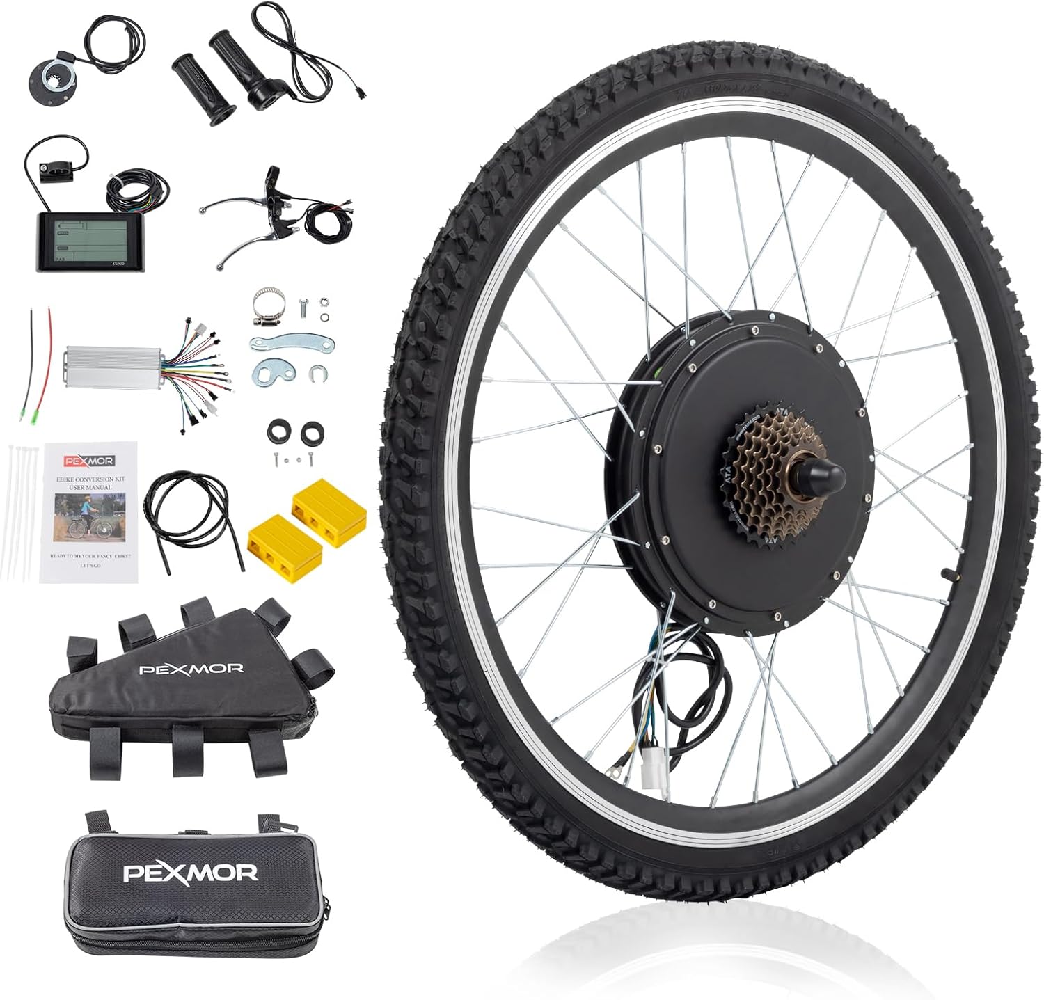 All components of the PEXMOR Electric Bike Conversion Kit laid out