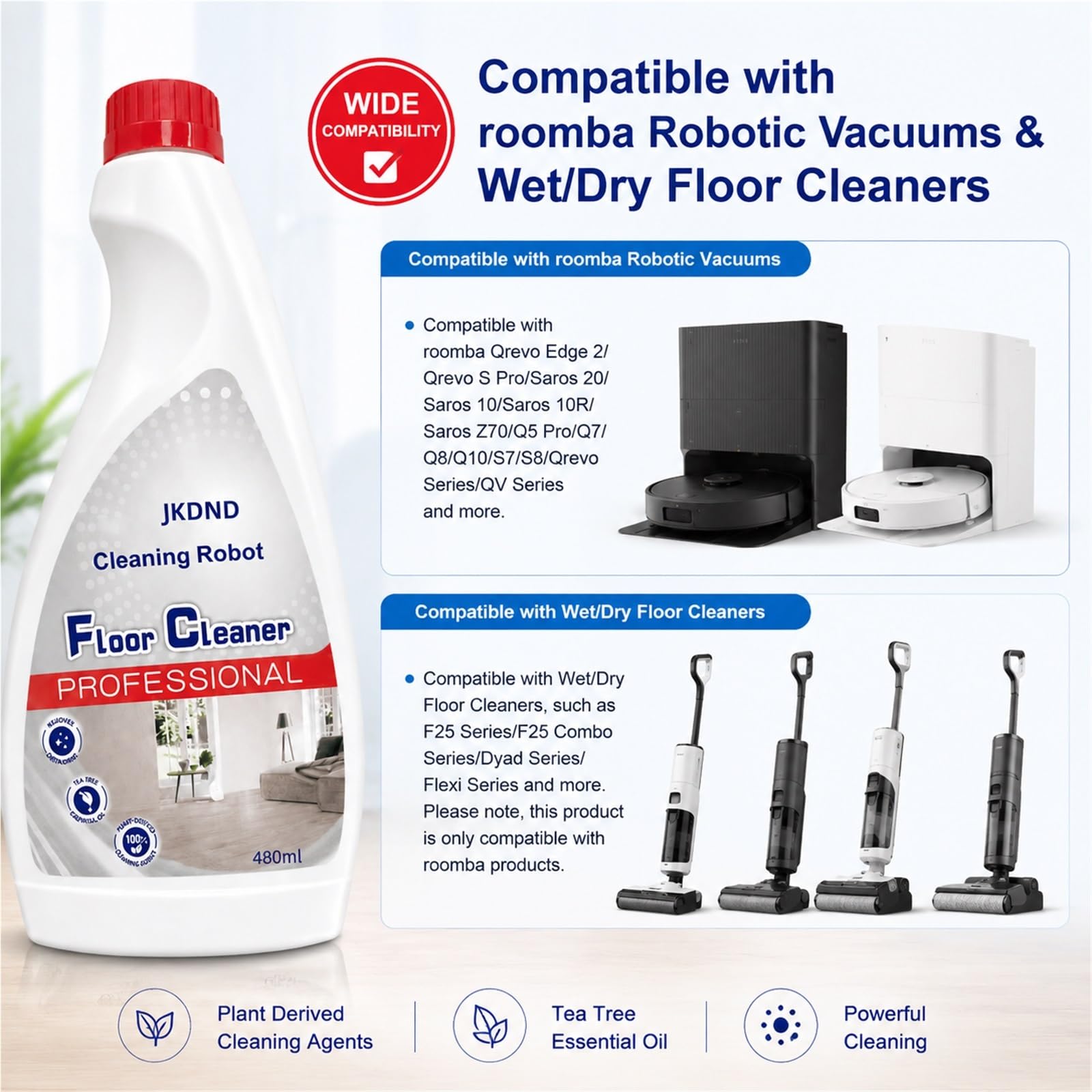 Ricarica Liquido Pulizia Pavimenti, Confezione Da 5, 480ML | Formula Vegetale A Bassa Schiuma, Rimozione Macchie Ad Alta Efficienza, Rapporto Di Diluizione 1:300, Compatibile con Roomba