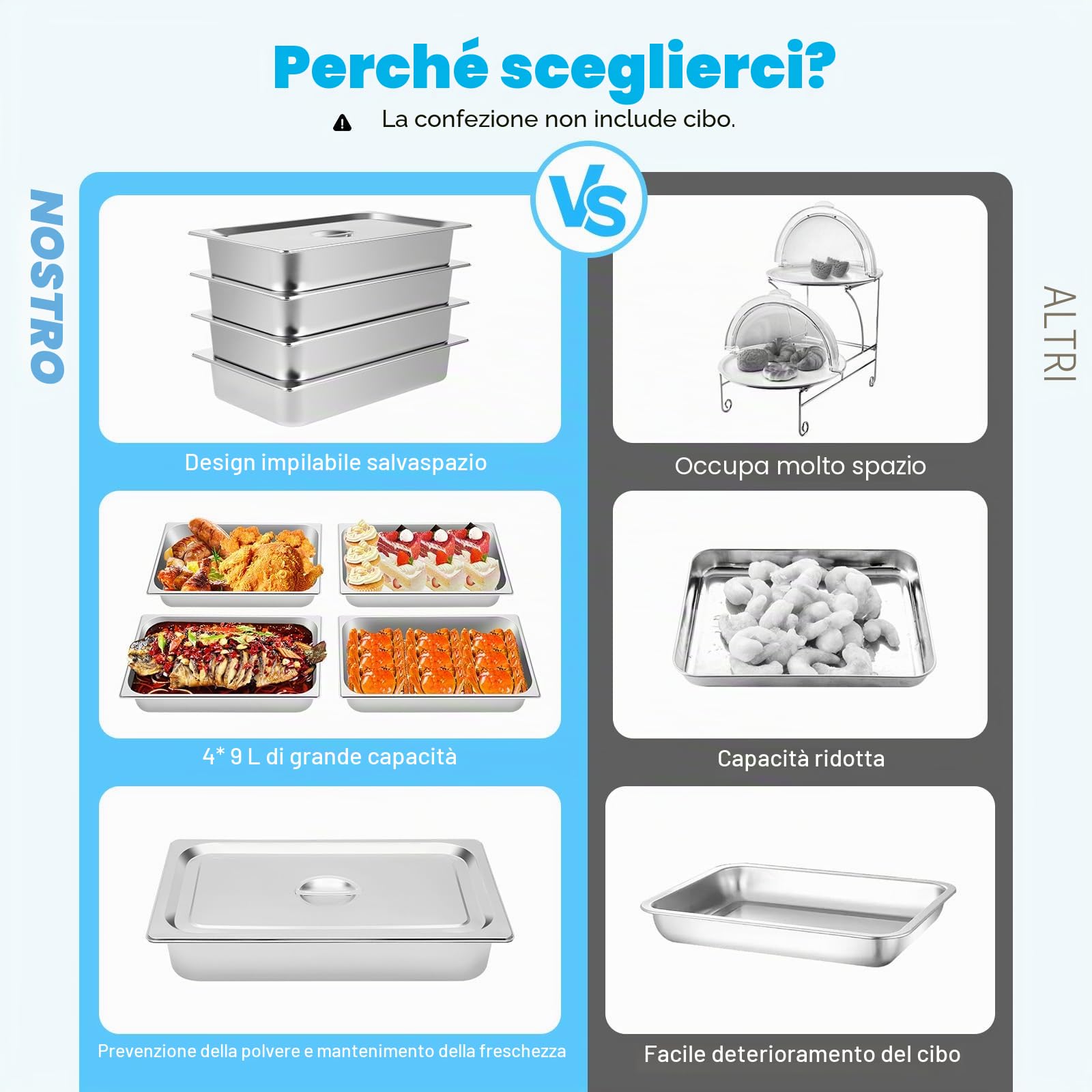 Contenitori per gastronorm, 4 pezzi, contenitori per alimenti con coperchio, 9 litri, in acciaio inox, contenitore per alimenti, torte, hotel, tavolo