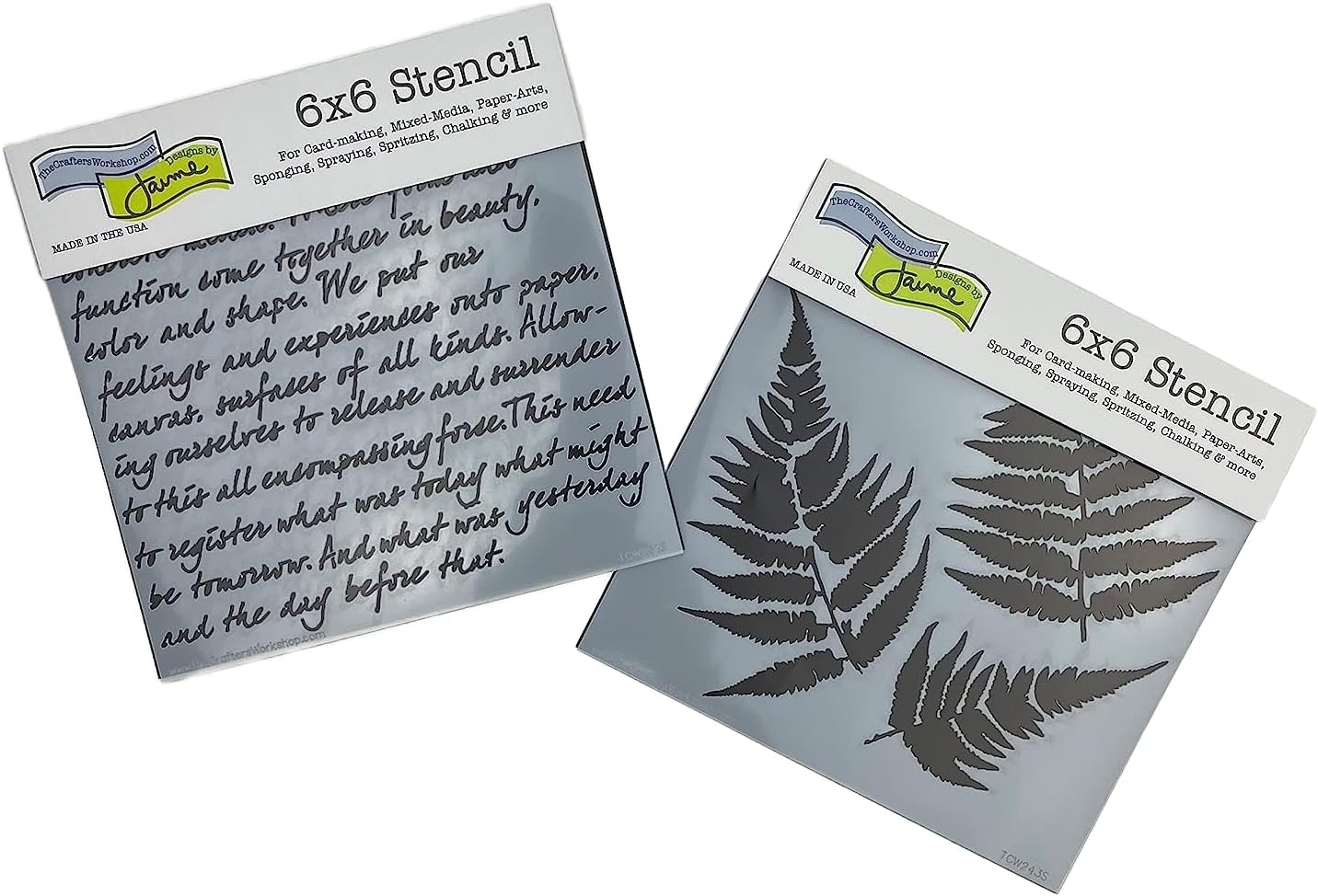 The Crafter's Workshop Stencils, Reusable for Crafts, Art, Greeting Cards, Paint or Mixed Media, 2 Pk, 6" x 6", Ferns/Art is