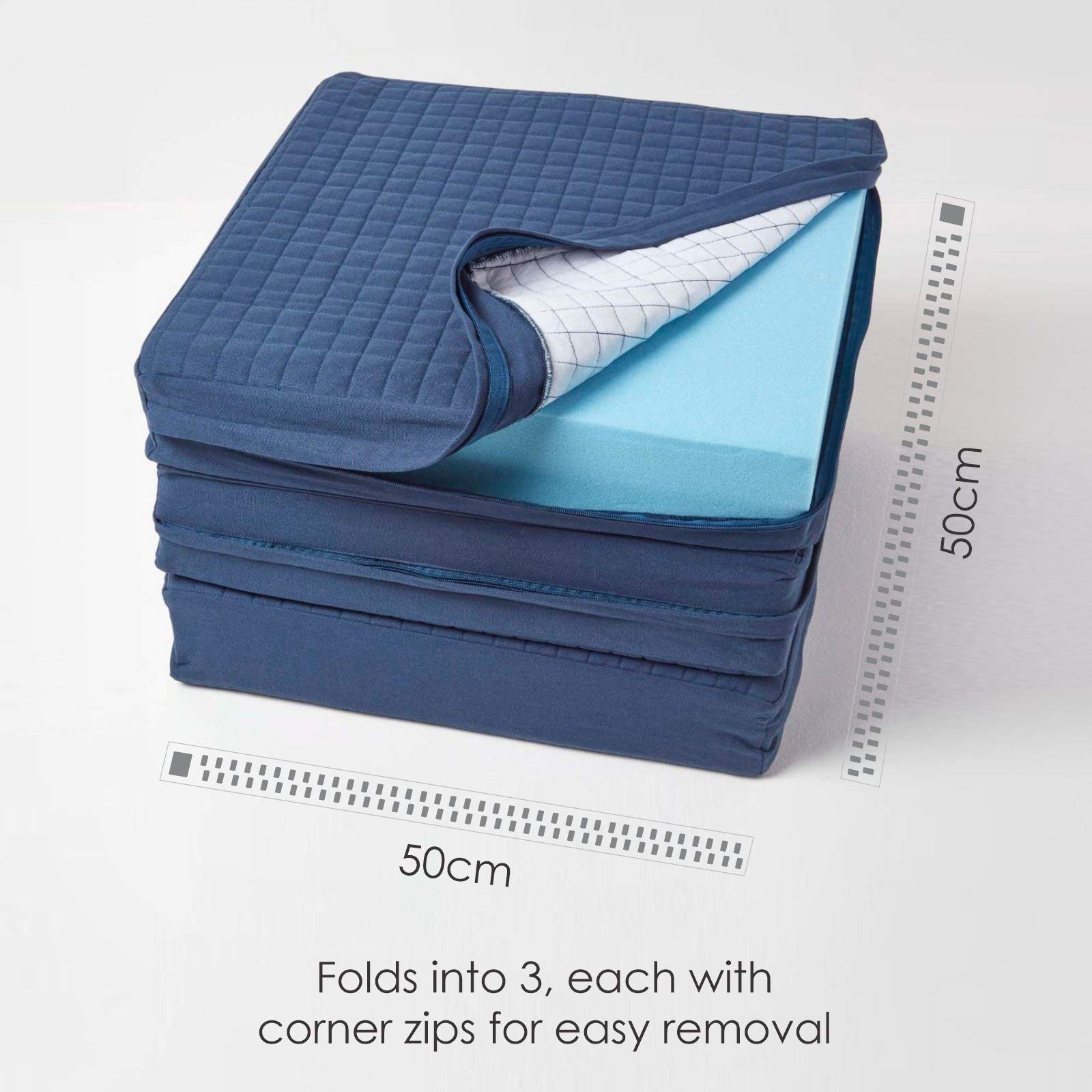 HOMESCAPES Cuscino per seduta per divano a 3 posti, cuscino rialzante sfoderabile in cotone, blu navy, 150 x 50 x 10 cm