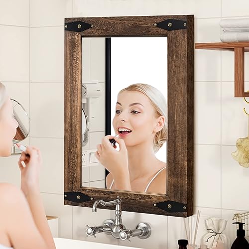 Miniatura 5 de Espejo rústico de granja con marco de madera para baño, espejo decorativo de baño para pared de madera, espejo rectangular montado en la pared para
