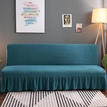 High Stretch Futon Slipcover Armless Futon Bed Cover with Ruffle Skirt Furniture Protector with Elastic Bottom for Kids, Pet, Solid Color Futon Sofa Covers for Kids, Pets,Blue,L