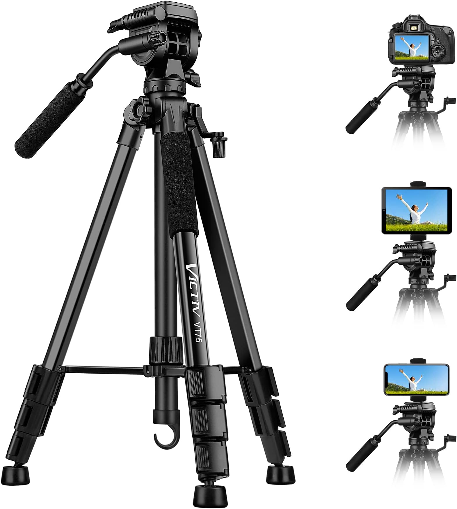 73" Tripod for Camera with Fluid Head - Heavy Duty Stand for DSLR, Cell Phones, Spotting Scopes & Webcam - Complete Unit with Tablet & Phone Mount
