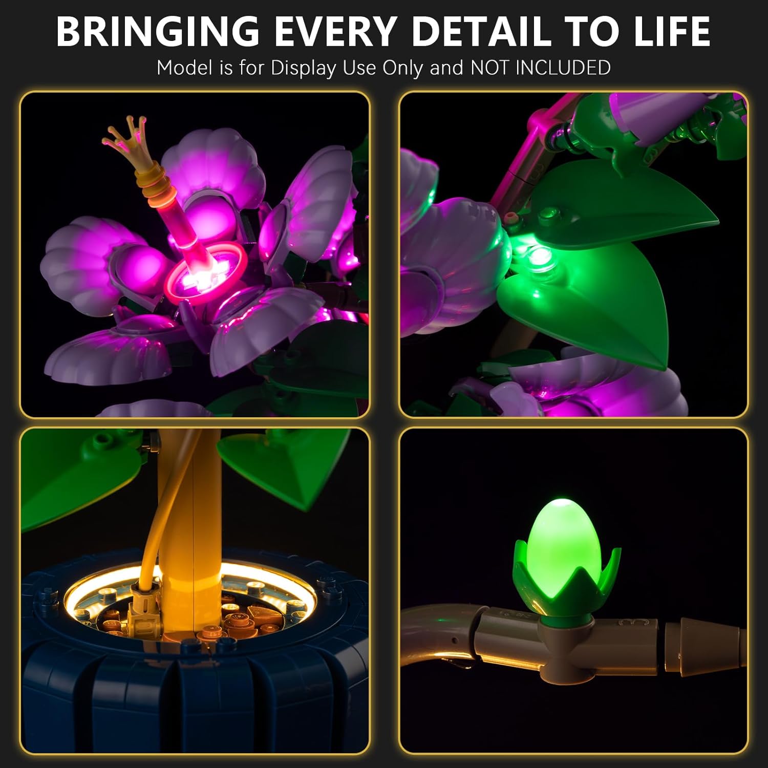 Close-up view of the BrickSoul light kit installed on a Lego Hibiscus flower, highlighting the illuminated petals and leaves.