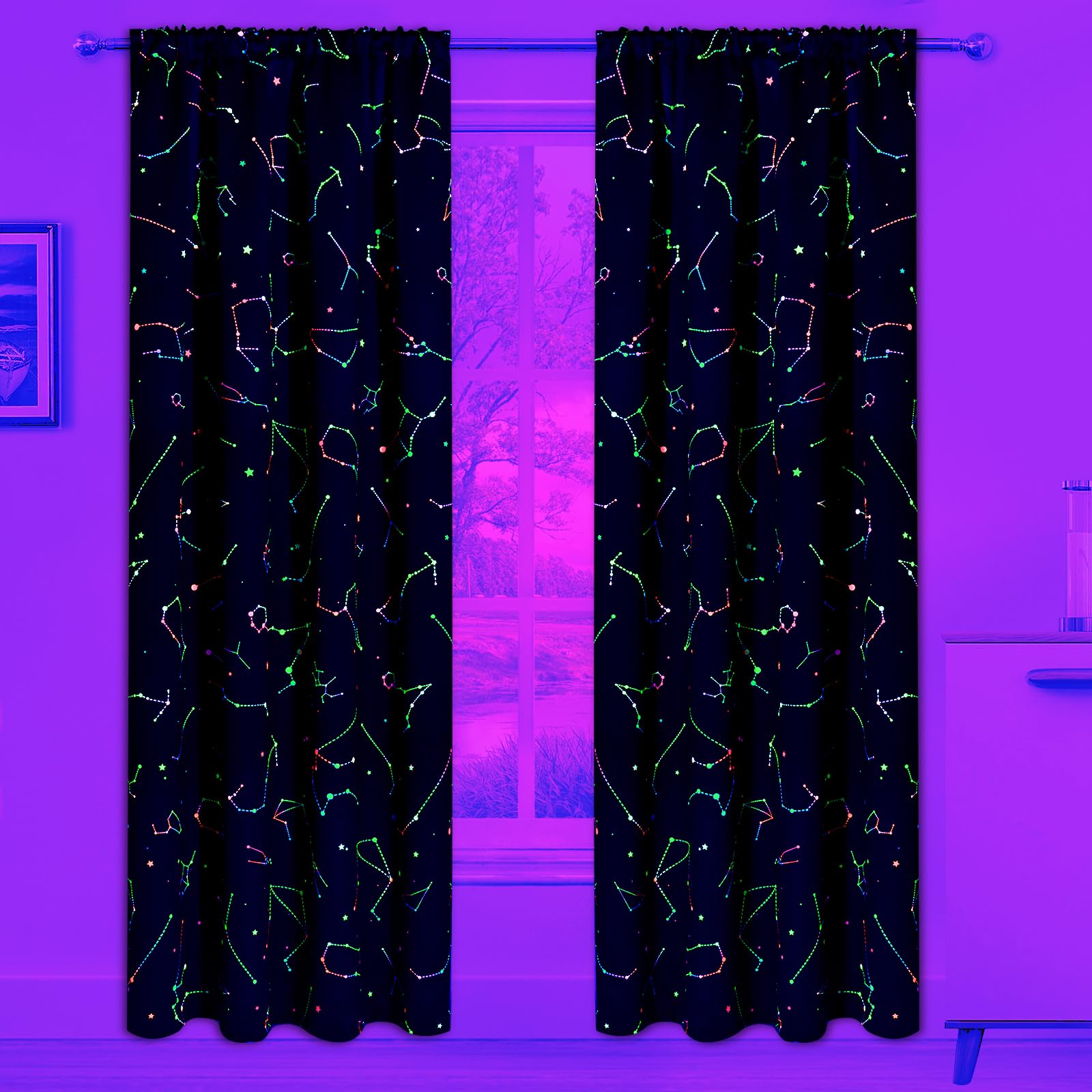 FRAMICS Blackout Curtains for Bedroom Blacklight Constellation Curtains Galaxy Stars Window Drapes Rod Pocket Room Darkening Curtains for Living Room 2 Panels Set(Colorful, 52 x 84 Inch)