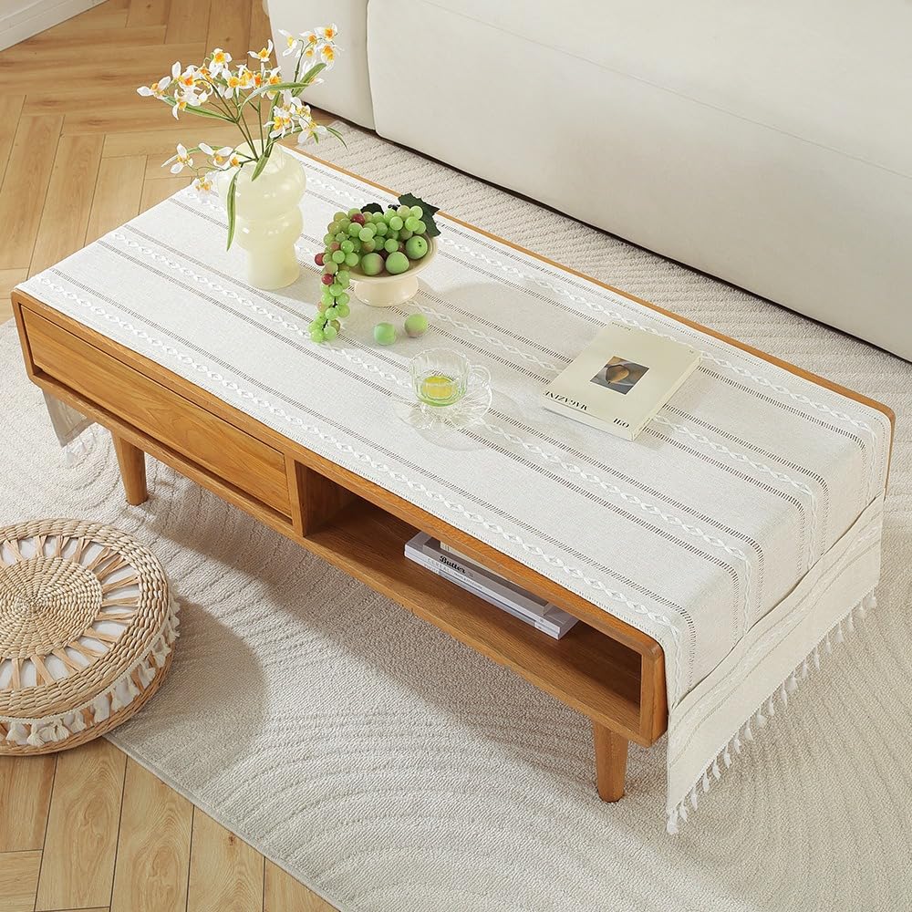 Yongxinmy White Cotton Linen Rectangular Tablecloth For Living Room - Simple Tv Cabinet Mat, Coffee Tablecloth With Pockets, Tassel Fringe Cover For Tea Table Dining Hall Fridge Top Cover (,60X160cm)