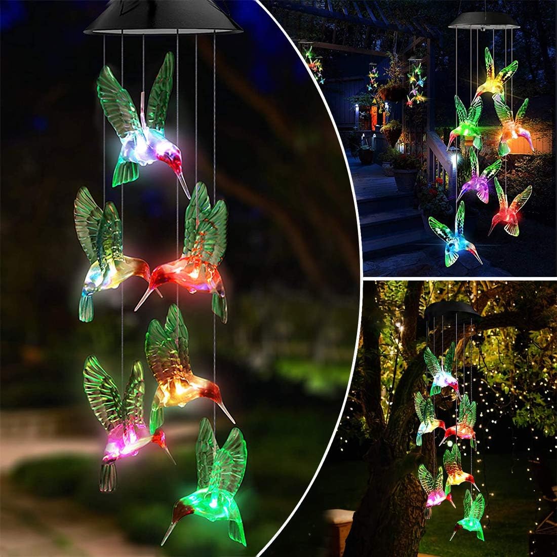 Andvon Solar Hummingbird Garden Wind Chimes Lights Color Changing Hummingbird Outdoor Mobile Hanging Patio Lights Solar Power Wind Chimes Lights for Yard Decor Gifts for Mom,Wife