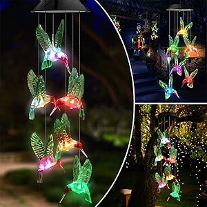 Andvon Solar Hummingbird Garden Wind Chimes Lights Color Changing Hummingbird Outdoor Mobile Hanging Patio Lights Solar Power Wind Chimes Lights for Yard Decor Gifts for Mom,Wife