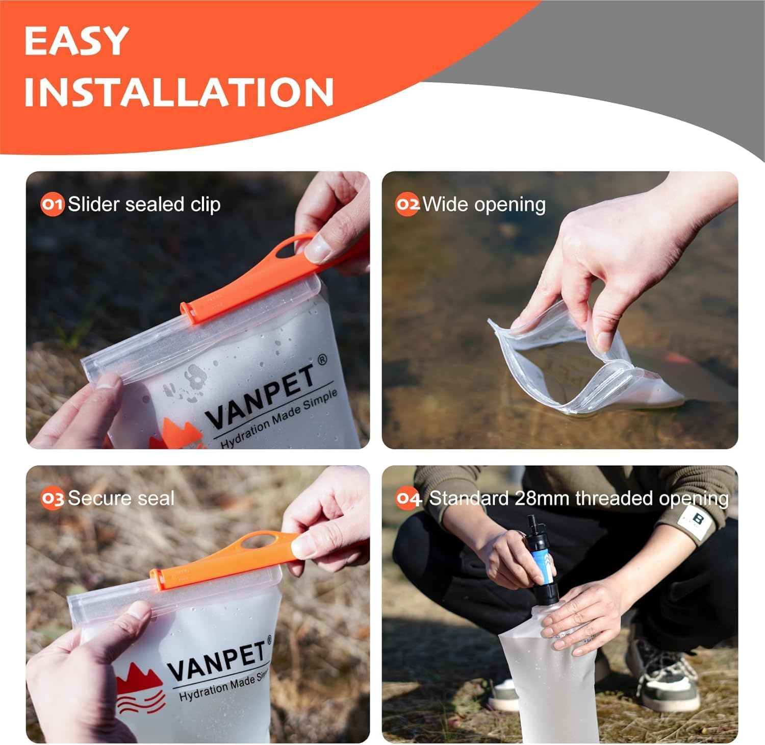 VANPET 2L Water Bag Compatible with Sawyer Squeeze, Durable TPU Material, BPA & PVC Free, Collapsible Water Container for Camping, Hiking, Fishing or Traveling (2 Pcs)