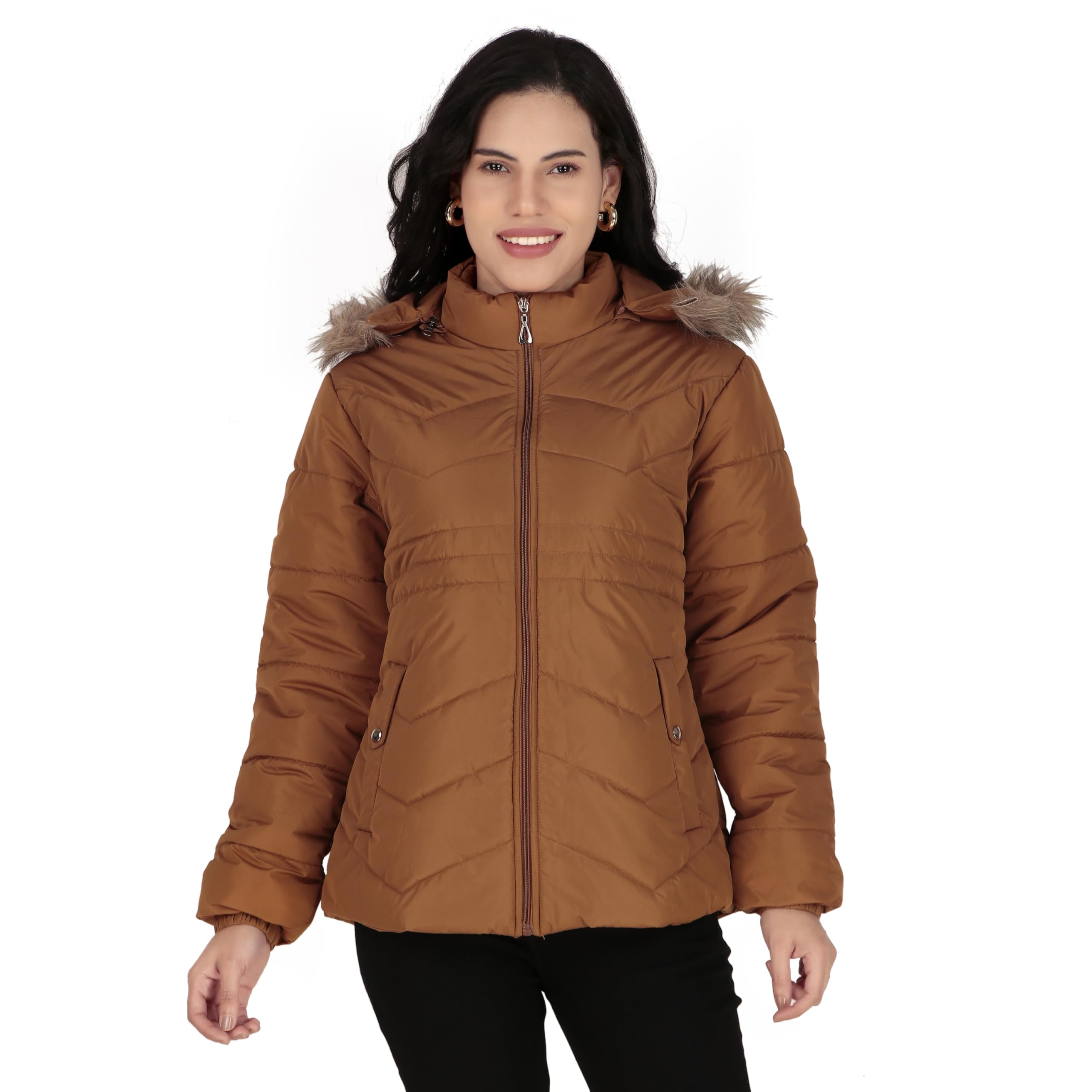 brazo Women's Cozy Puffer Stylish Jacket with Buttoned Pockets and Detachable Fur Hood-picture-10