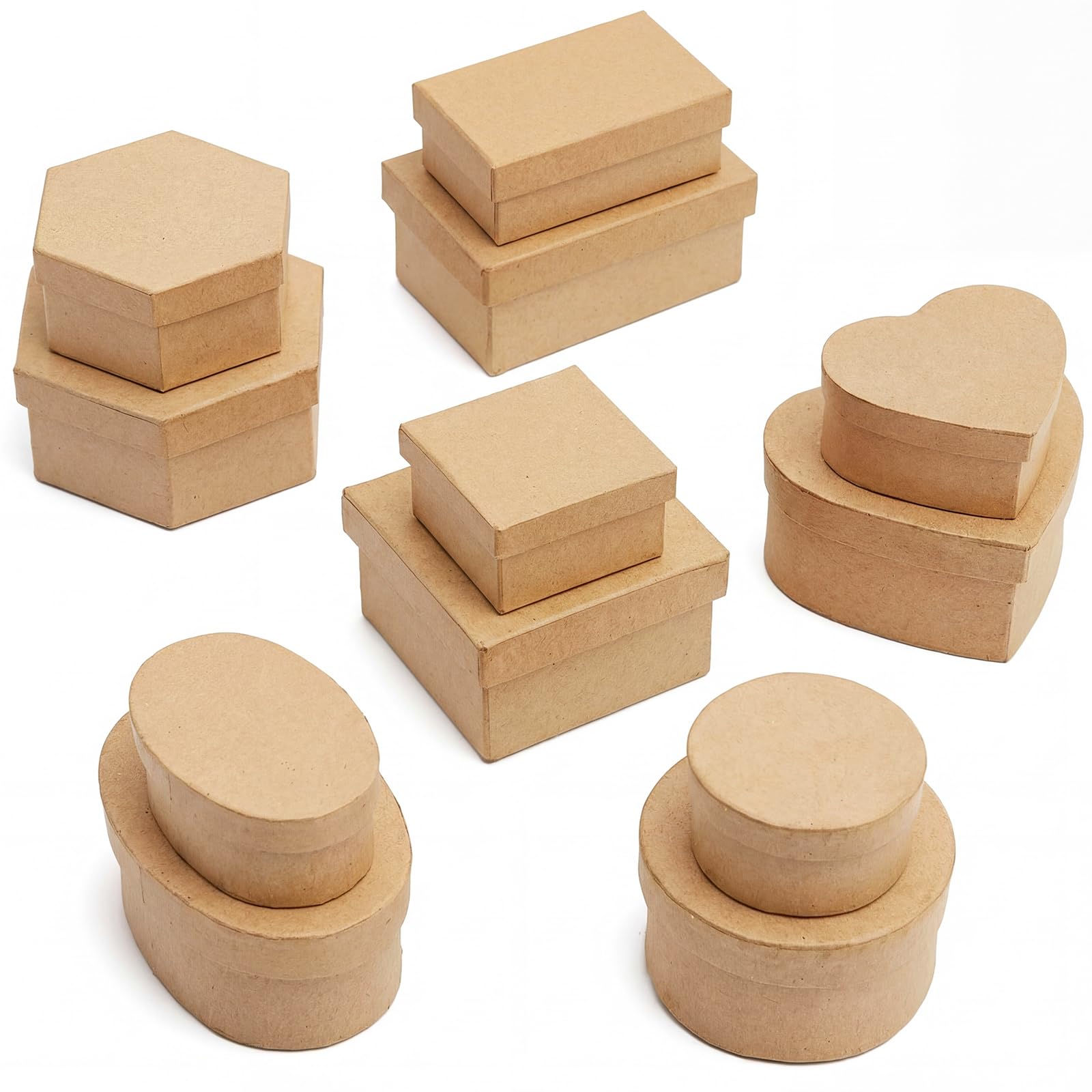 12 Set Paper Mache Boxes with Lids, 6 Shapes 2 Sizes Small