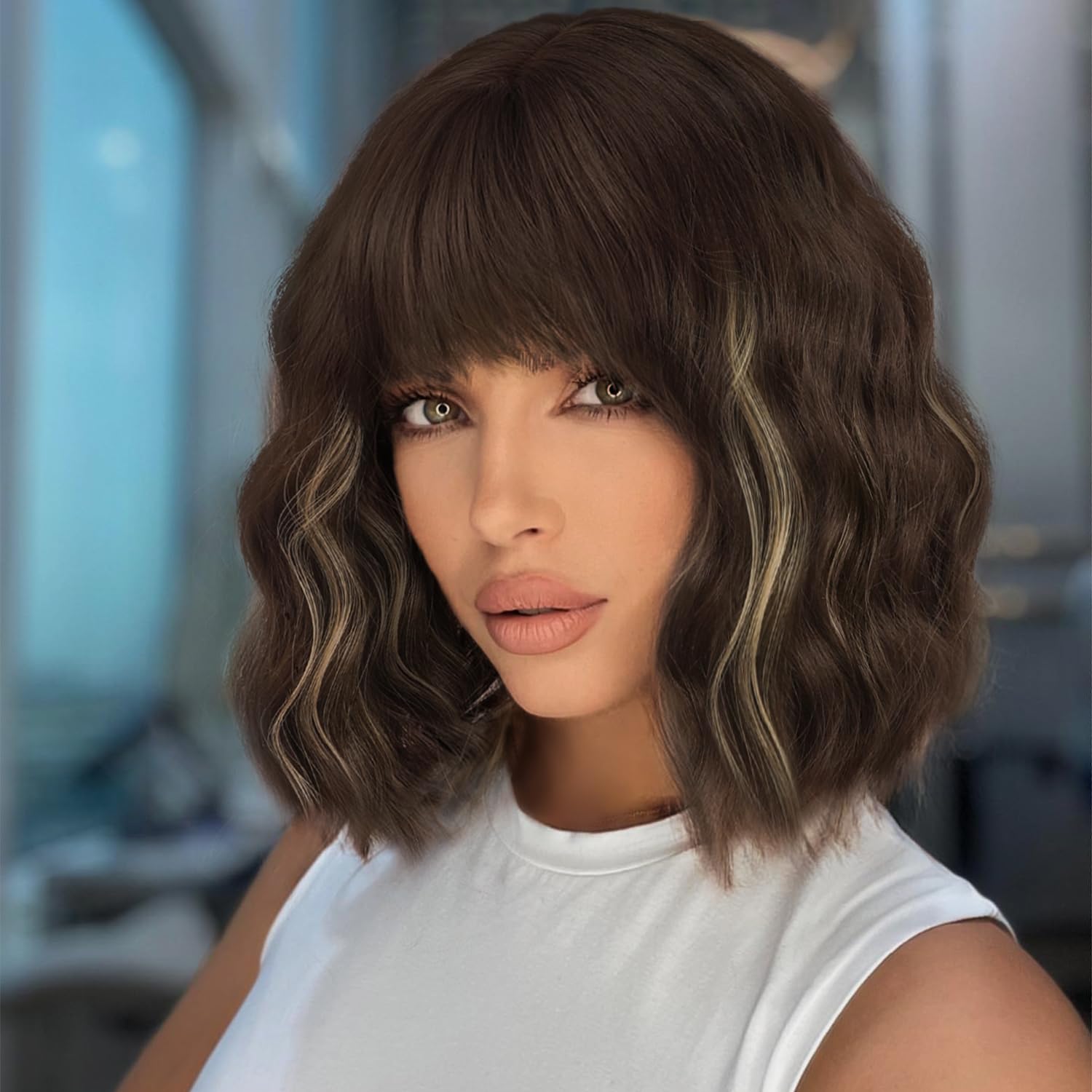 ENTRANCED STYLES Highlight Wavy Bob Wigs with Bangs for Women Dark Brown Mixed Blonde Short Wavy Bob Curly Wig Synthetic Natural Looking Heat Resistant Fiber Wig 12 inch