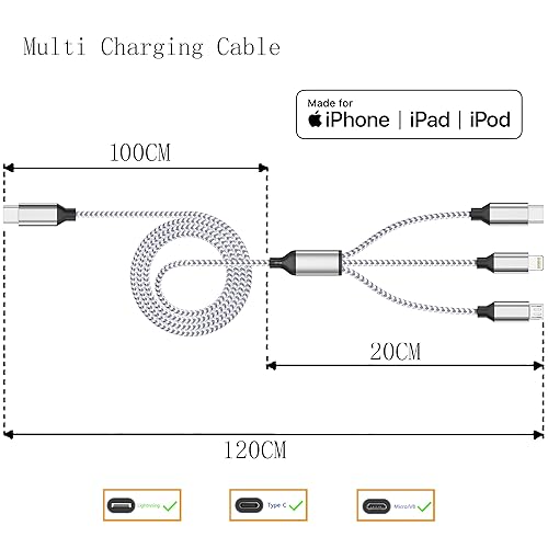 Miniatura 2 de Cable de Carga Múltiple de 4 pies, Paquete de 3 Cargadores USB 3 en 1, Puerto C Cable Cargador Múltiple para iPhone de Nylon Trenzado Apple MFi