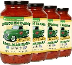Hoboken Farms Basil Marinara Sauce - No Sugar Added, Low Sodium, Non-GMO, Preservative-Free, Low Carb, Keto – Better For You Pasta Sauce! (25 Fl Oz, Pack of 4)