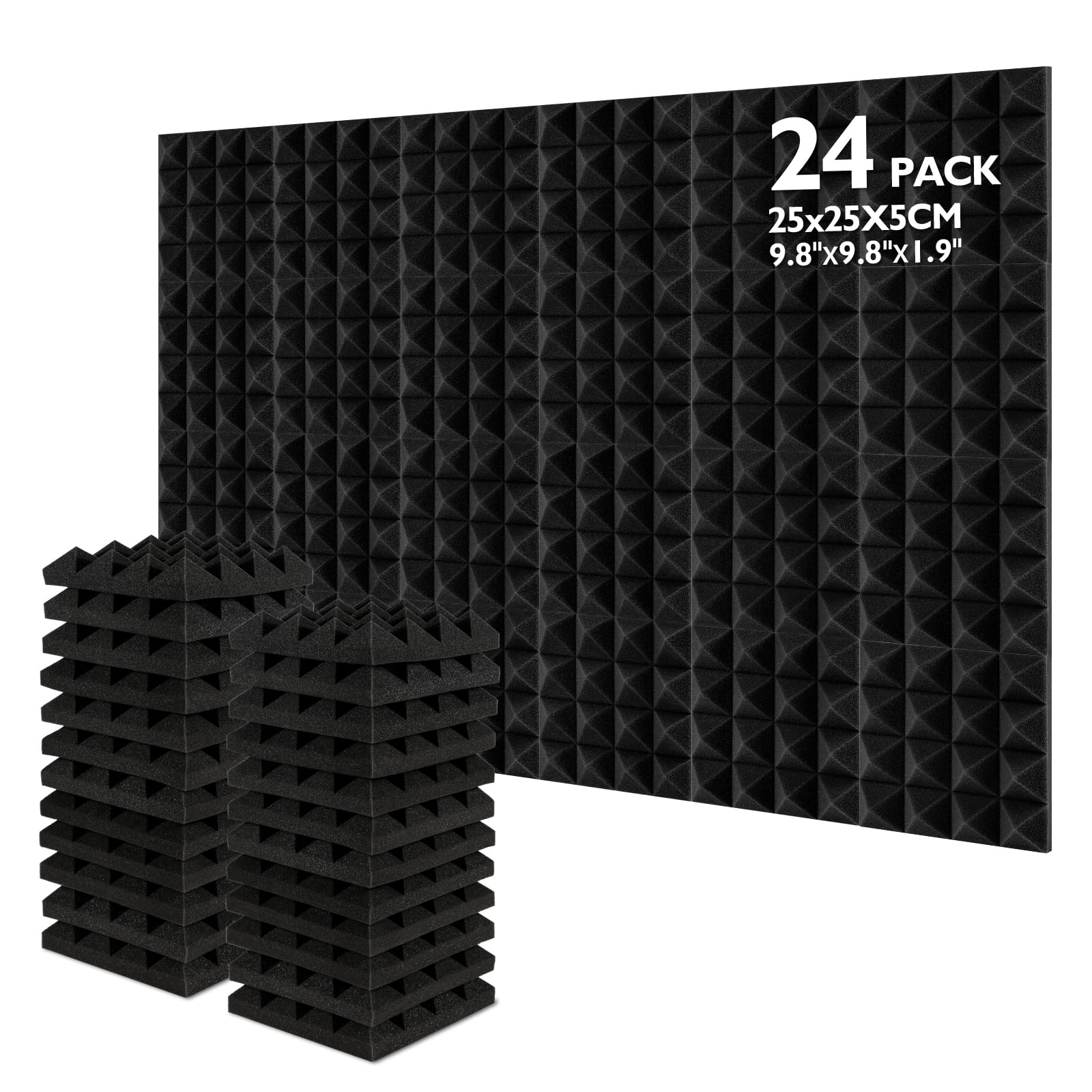 AGPtEK Acoustic Foam Tiles, 24 Packs Soundproof Studio Foams 25x25x5CM Black Pyramid Acoustic Panels Home Studio Sound Treatment, for Recording Studio