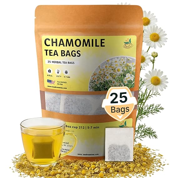 Chamomile Tea Bags - 25 Bags (Premium Natural Pure Leaf Tea - 25 Count) Gluten-Free and Caffeine-Free Herbal tea for Relaxation, Wallness, Immune Support with Smooth Taste