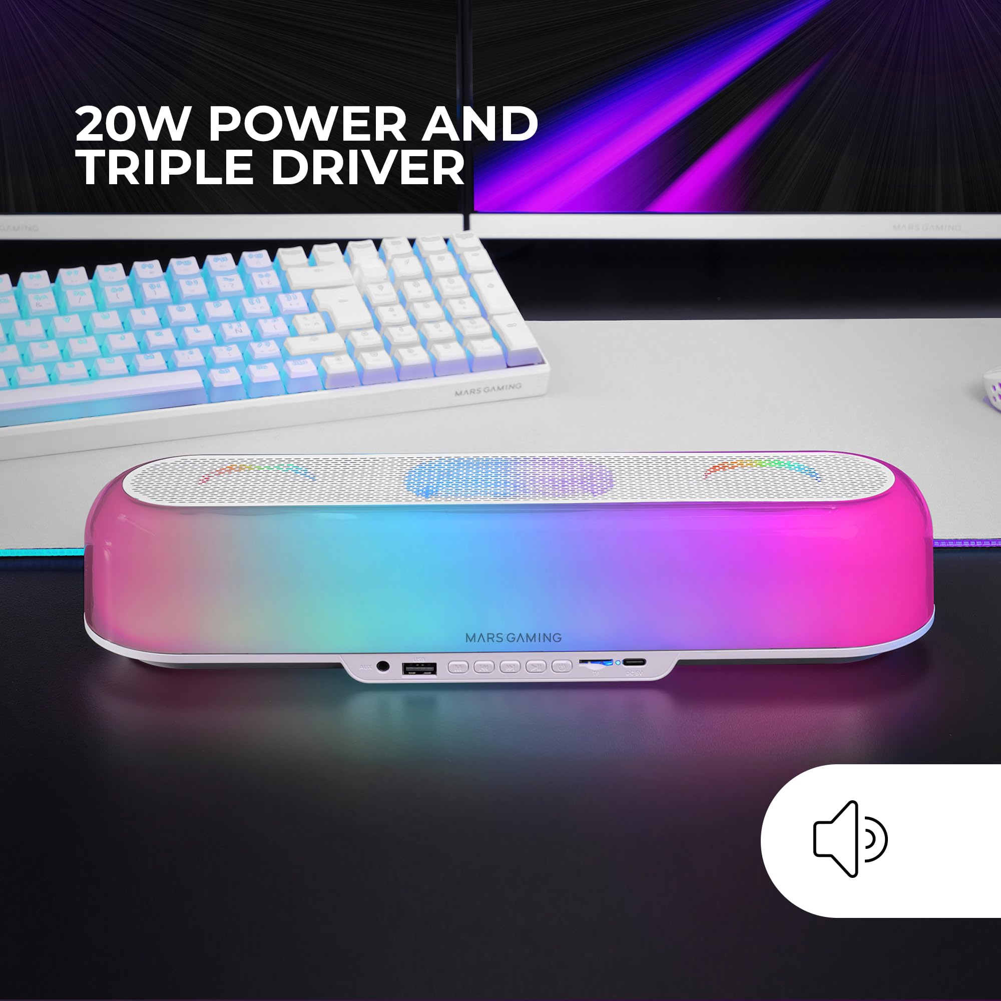 MARSGAMING MSB-ORB, Altoparlante Portatile + Soundbar 20W, Illuminazione Orbilight RGB 360º, Soundbar Sistema Triplo Driver, Altoparlante Gaming Bluetooth 5.3 / USB/MicroSD/AUX/FM, Bianco