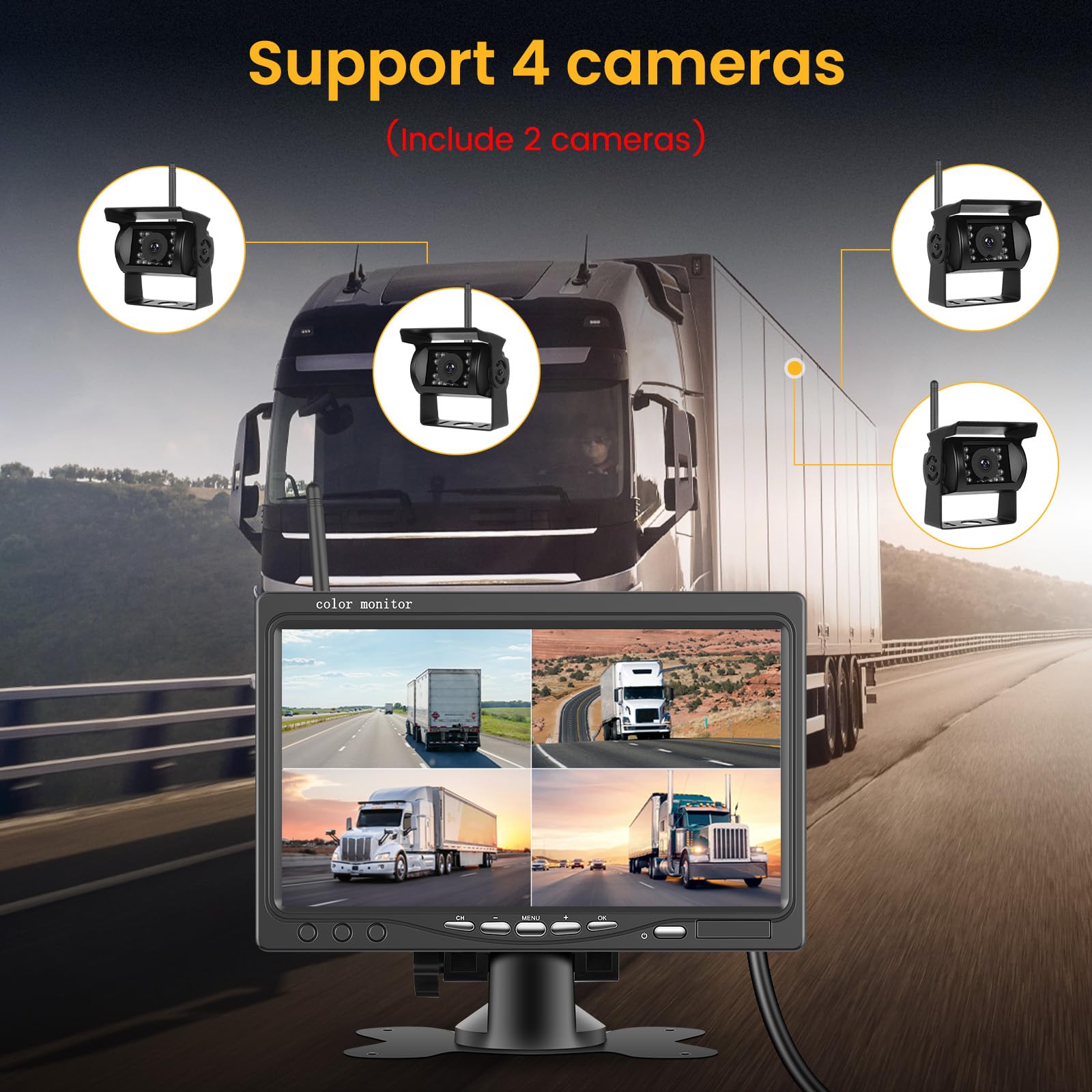Hikity Kit Telecamera Posteriore 7 Pollici Wireless con IP68 impermeabile Visione Notturna 2 Telecamera Posteriore, Telecamera per BSD Auto Kit Per Auto Minivan Camper Bus Van Camion 12V-36V