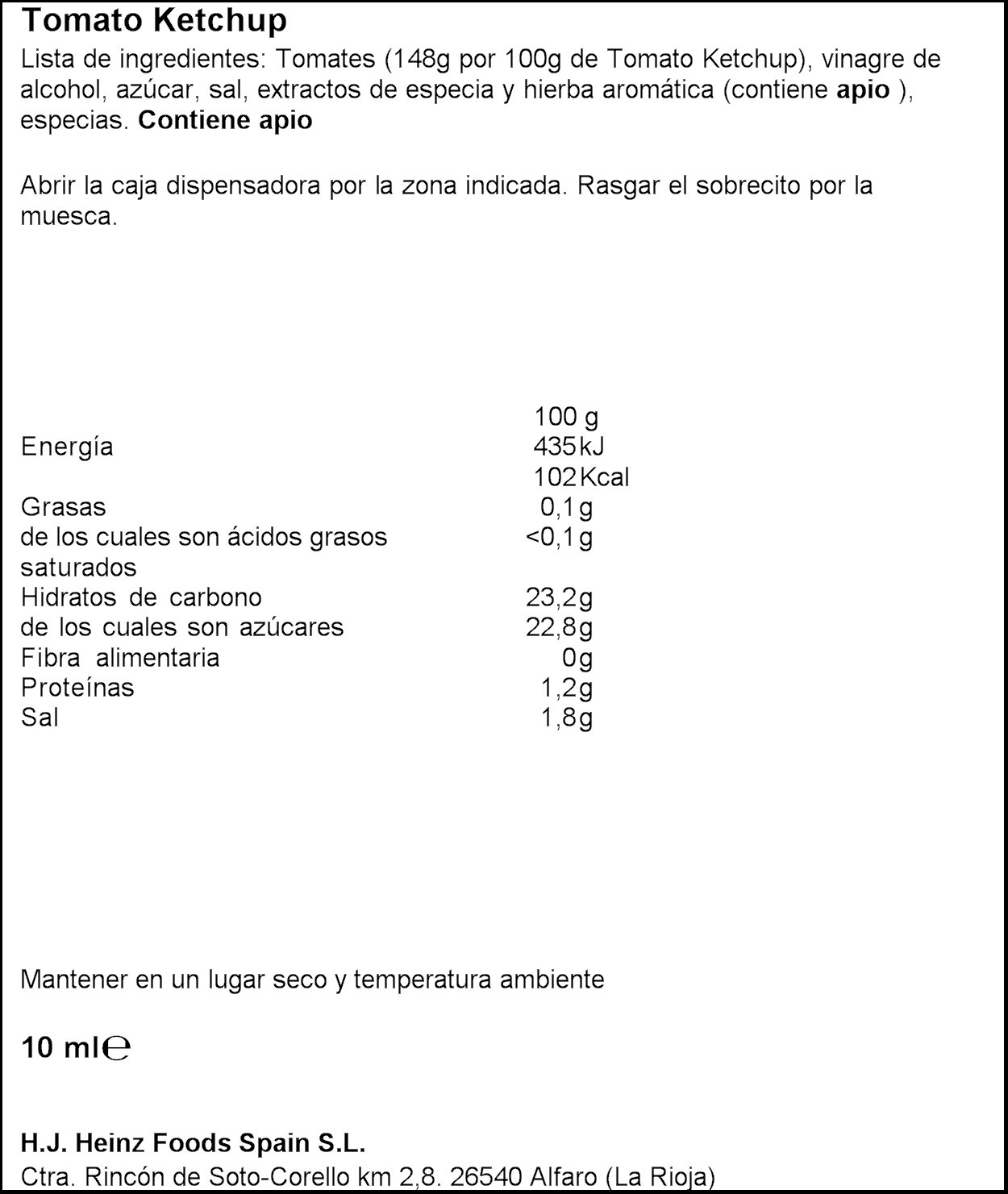 Heinz salsa ketchup monodosis 10 ml caja 200 unidades