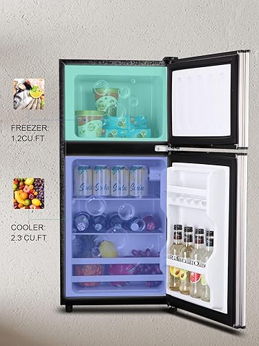 Miniatura 6 de Mini nevera, refrigerador compacto de 3.5 pies cúbicos, refrigerador pequeño, termostato ajustable de 7 niveles, estantes extraíbles con acero