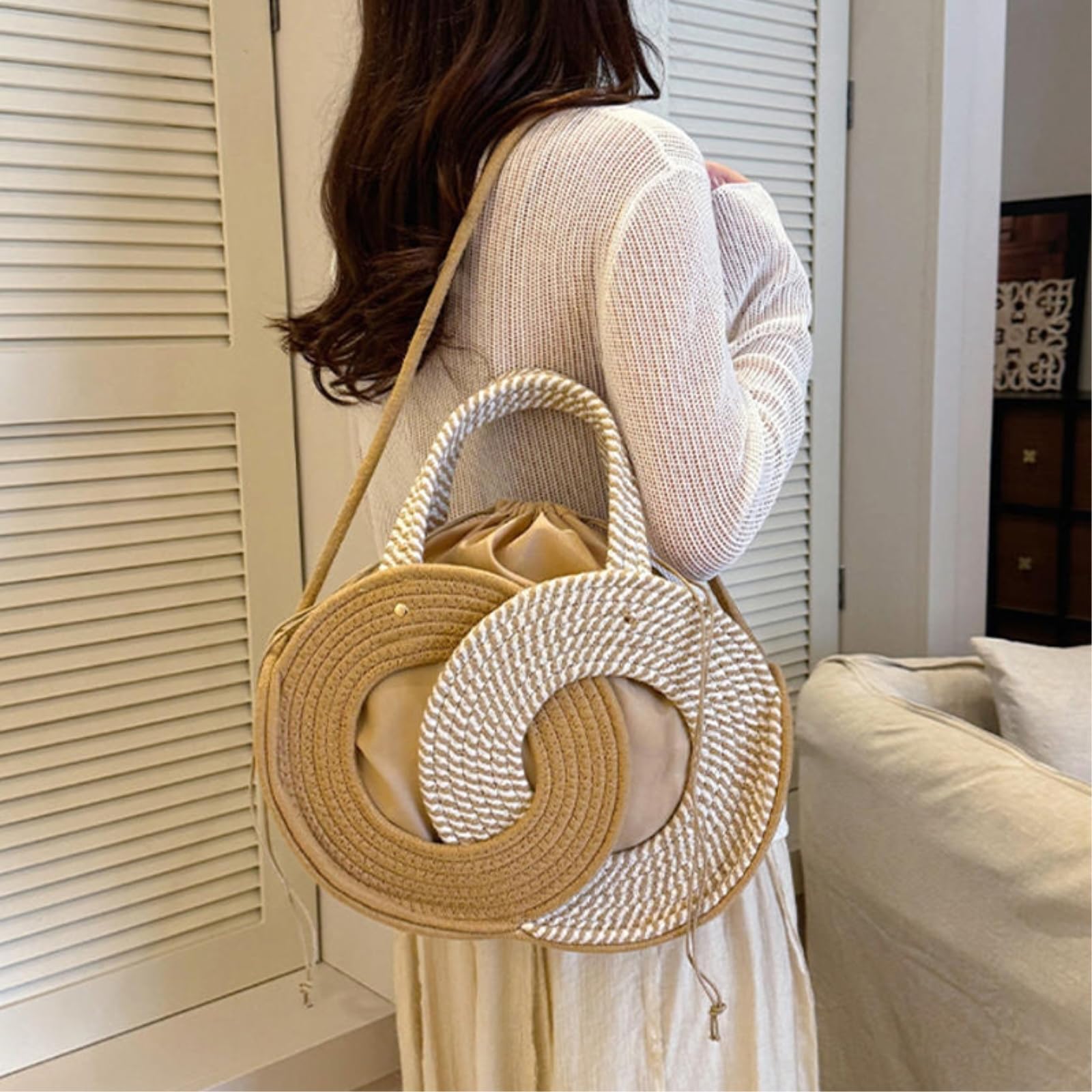 Borsa Spalla Paglia Rotondo Cavo Crossbody 2-Way Trasportare A Mano Tessuto Secchio Cordone Fodera Estate Mini Spalla-Khaki
