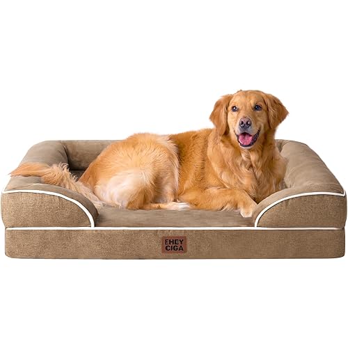 EHEYCIGA Orthopedic Dog Beds for Extra Large Dogs, Waterproof Memory Foam XL Dog Bed with Sides, Non-Slip Bottom and Egg-Crate Foam Big Pet Couch Bed with Washable Removable Cover, Camel