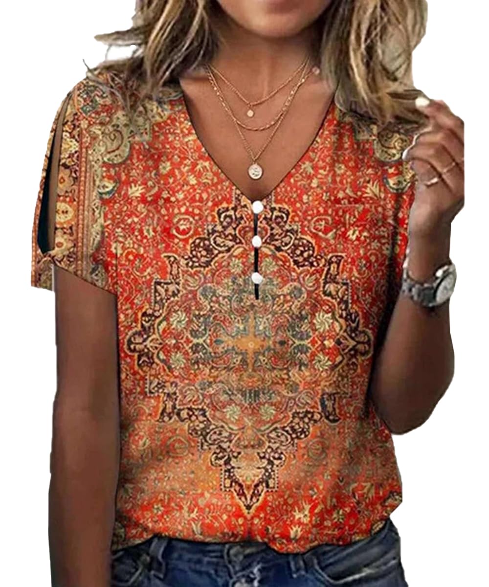 Yeenily Camiseta Mujer Manga Corta Moda Verano Camisa Cuello en V Vintage Estampado Playa T-Shirt Elegantes Blusas Tops Casual Clásica Básica tee