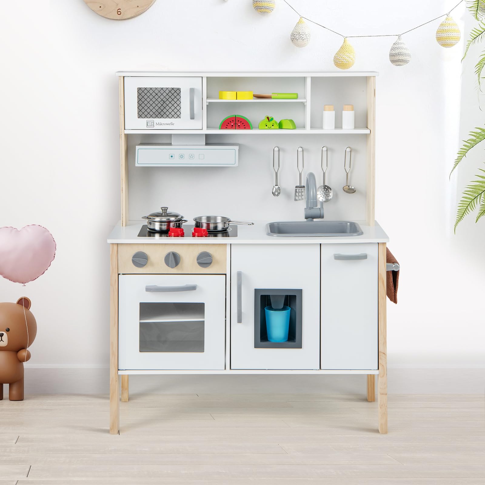 RELAX4LIFE Cucina Giocattolo per Bambini, Gioco Cucina in Legno con Microonde, Forno, Rubinetto, Lavello e 18 PCS Accessori, Mini Cucina per Bambini 3 4 5 6 Anni (Bianco)