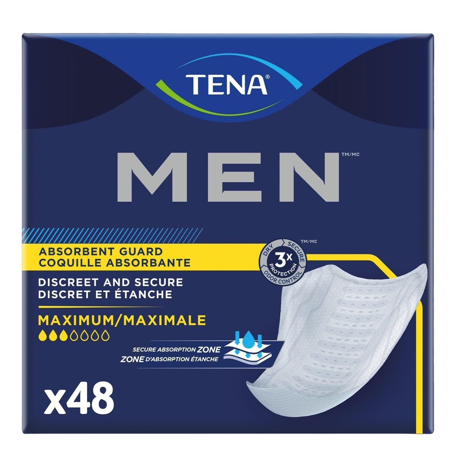 TENA Men Maximum Absorbency Guards, Incontinence Pads for Men, 48 ct