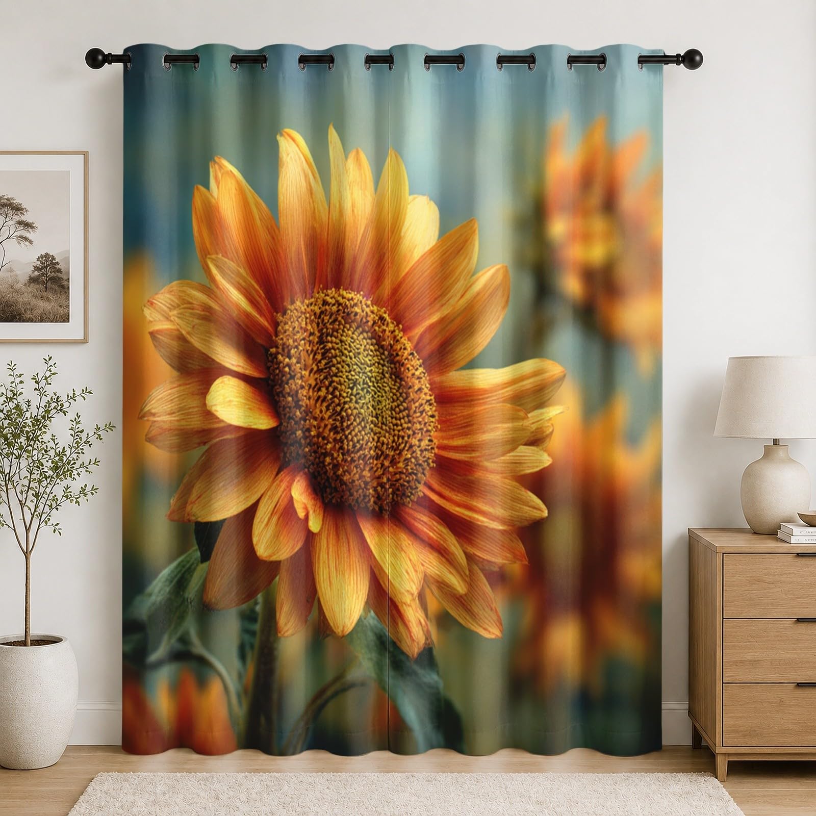 Rideaux occultants tournesols 117x229 cm | Lot de 2 rideaux à oeillets jaunes