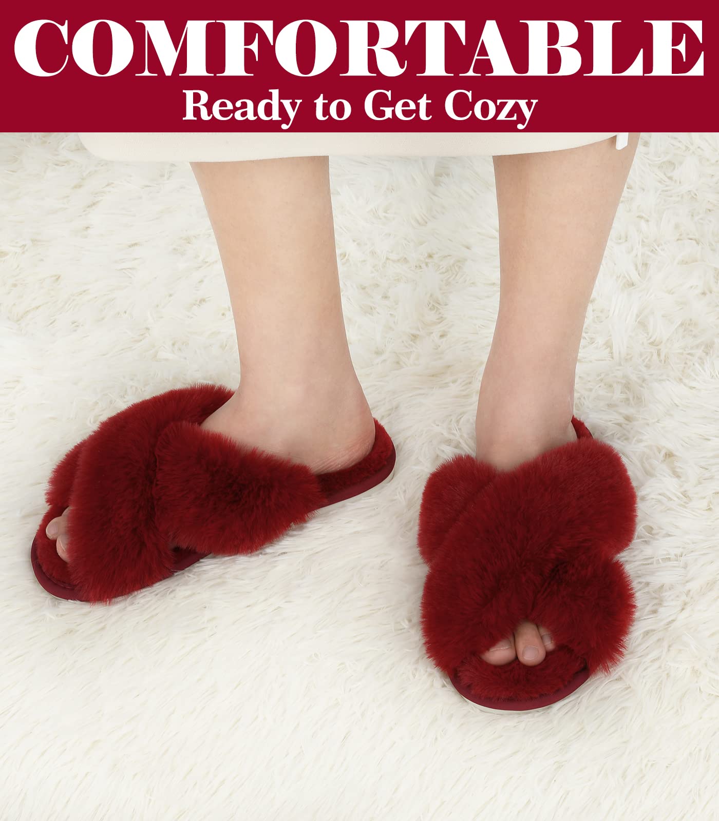 Ankis Womens Fuzzy Slippers Memory Foam Cross Band Cozy House Slippers Plush Home Fluffy Furry Slippers Open Toe Cute Soft Ladies Indoor Outdoor Slipper Slides Wedding Bride Shoes Gifts: 7-8 Red