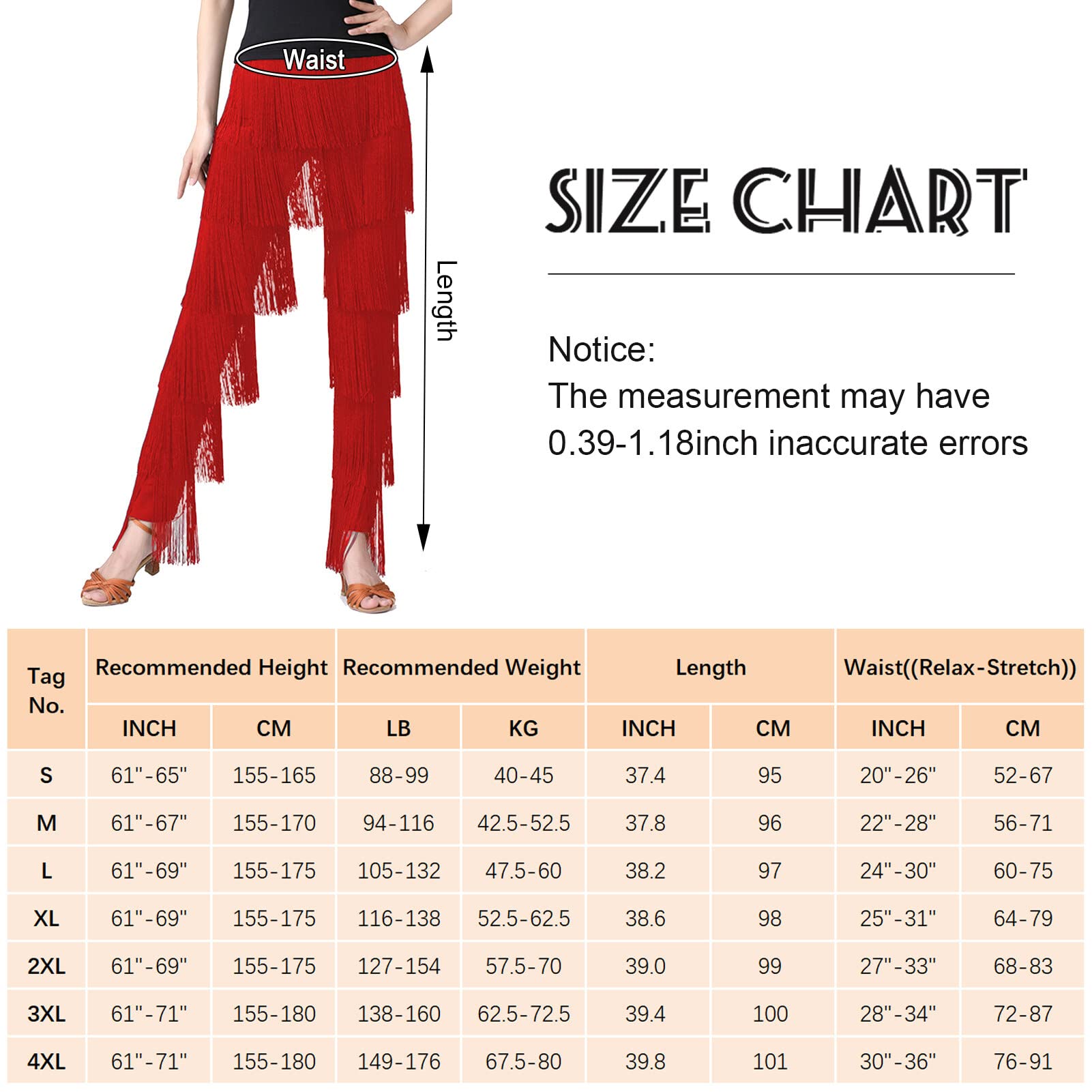 AIEOE Pantalones de Baile Latino para Mujer con Borla Elástica para Adulto Profesional con Flecos Rumba Tango Talla S-4XL