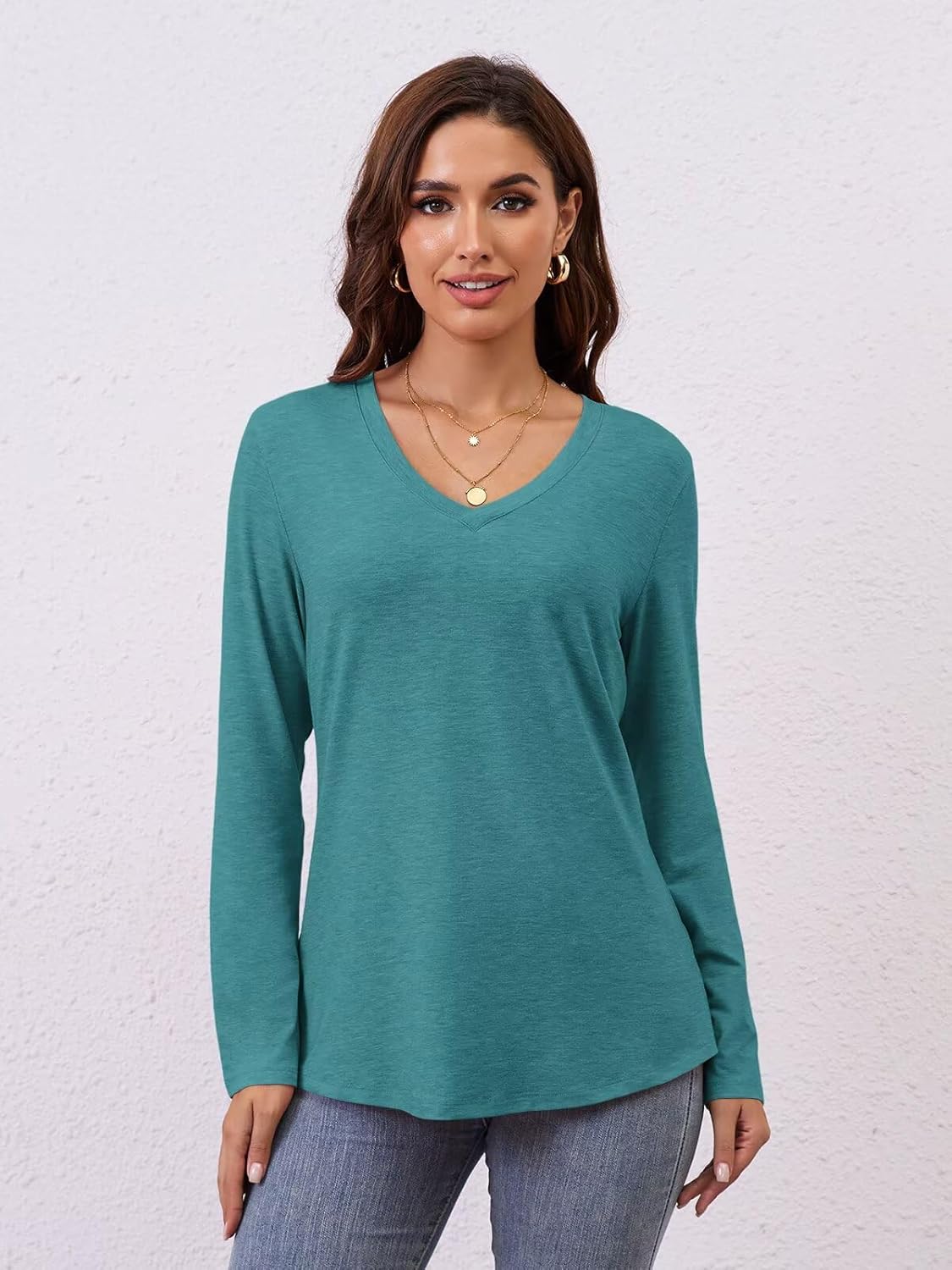 Womens V Neck Long Sleeve T Shirts Casual Curved Hem Tunic Tops Basic Loose Fit Tees 2026 - Image 2