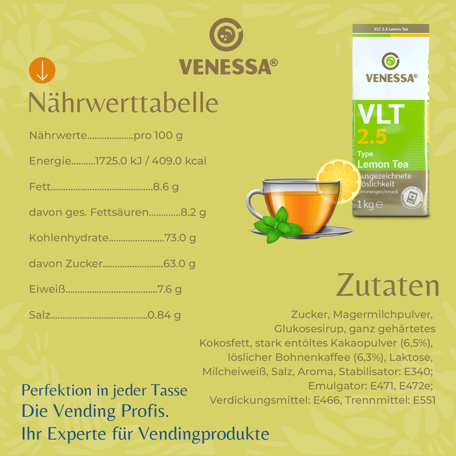 VENESSA VLT 2.5 Lemon Tea 20 x 1 kg opakowanie zapasowe, napój herbaciany, aromatyzowany napój w proszku do firm, zajazdów, restauracji, do wszystkich zastosowań