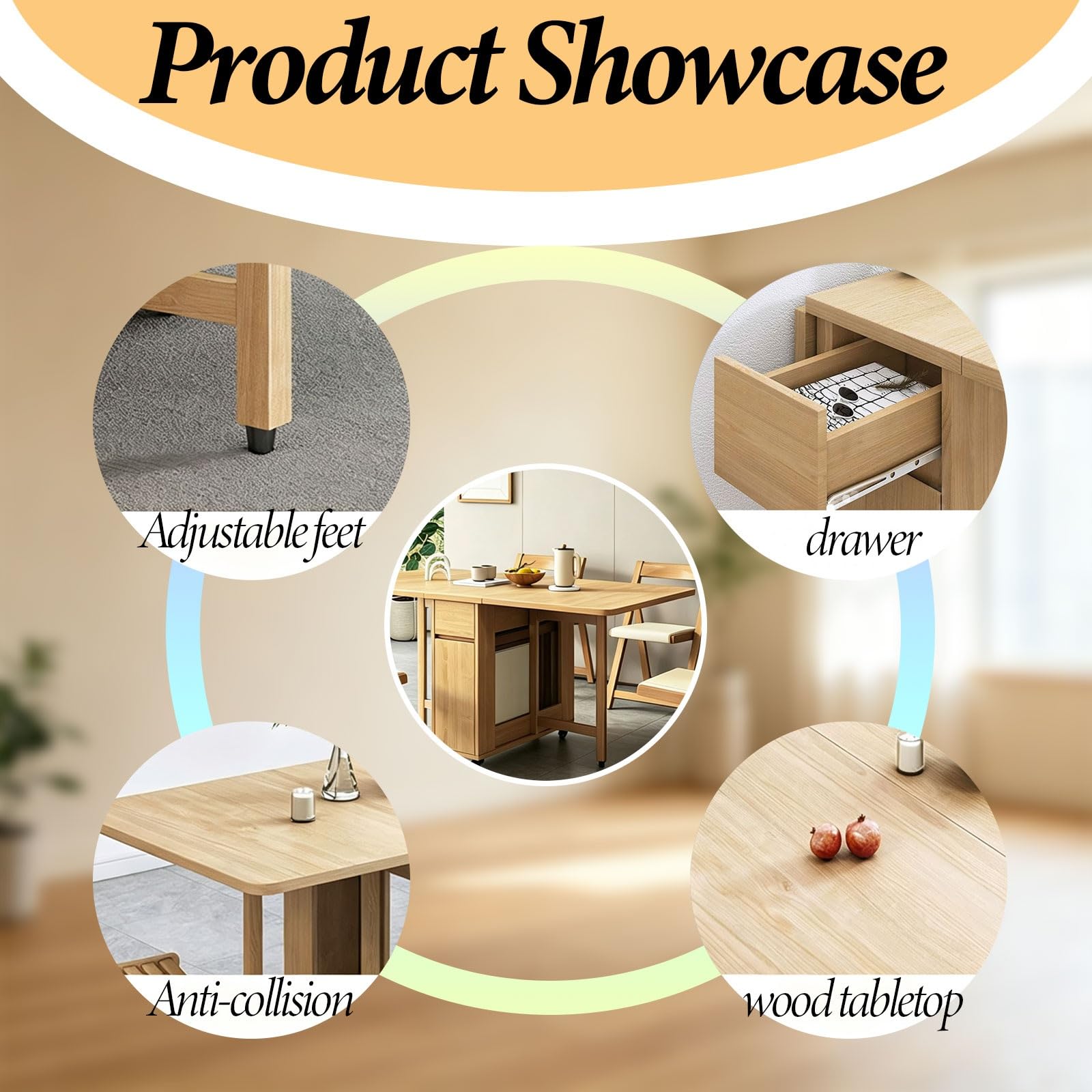 Mesa de Cocina Plegable de Madera Maciza Estilo Rústico | Móvil, Sin Necesidad de Montaje, Ahorra Espacio
