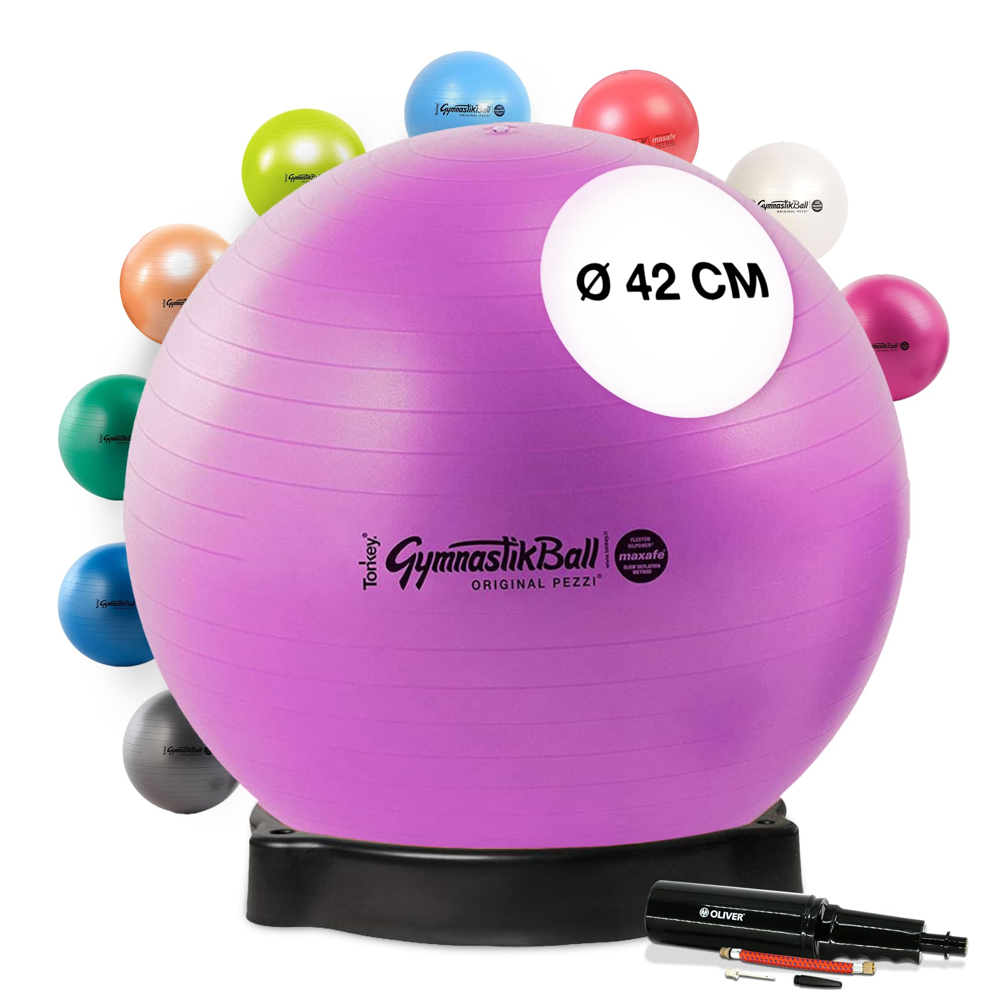 Pezzi - Gymnastikball Original Pezziball MAXAFE 42cm mit Ballschale & Oliver Rapid Pumpe – Sitzball für Therapie, Sport & Büro - Trainingsball aus Flexton Silpower® belastbar bis 400 kg – Violett