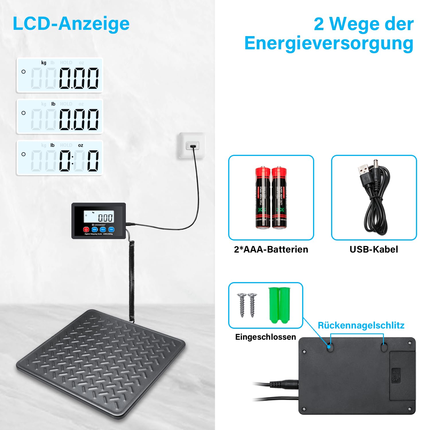 UNIWEIGH Postwaage 440lbs x 10g Digitale Portowaage Schwerlastwaage Paketwaage LCD Hold Tara