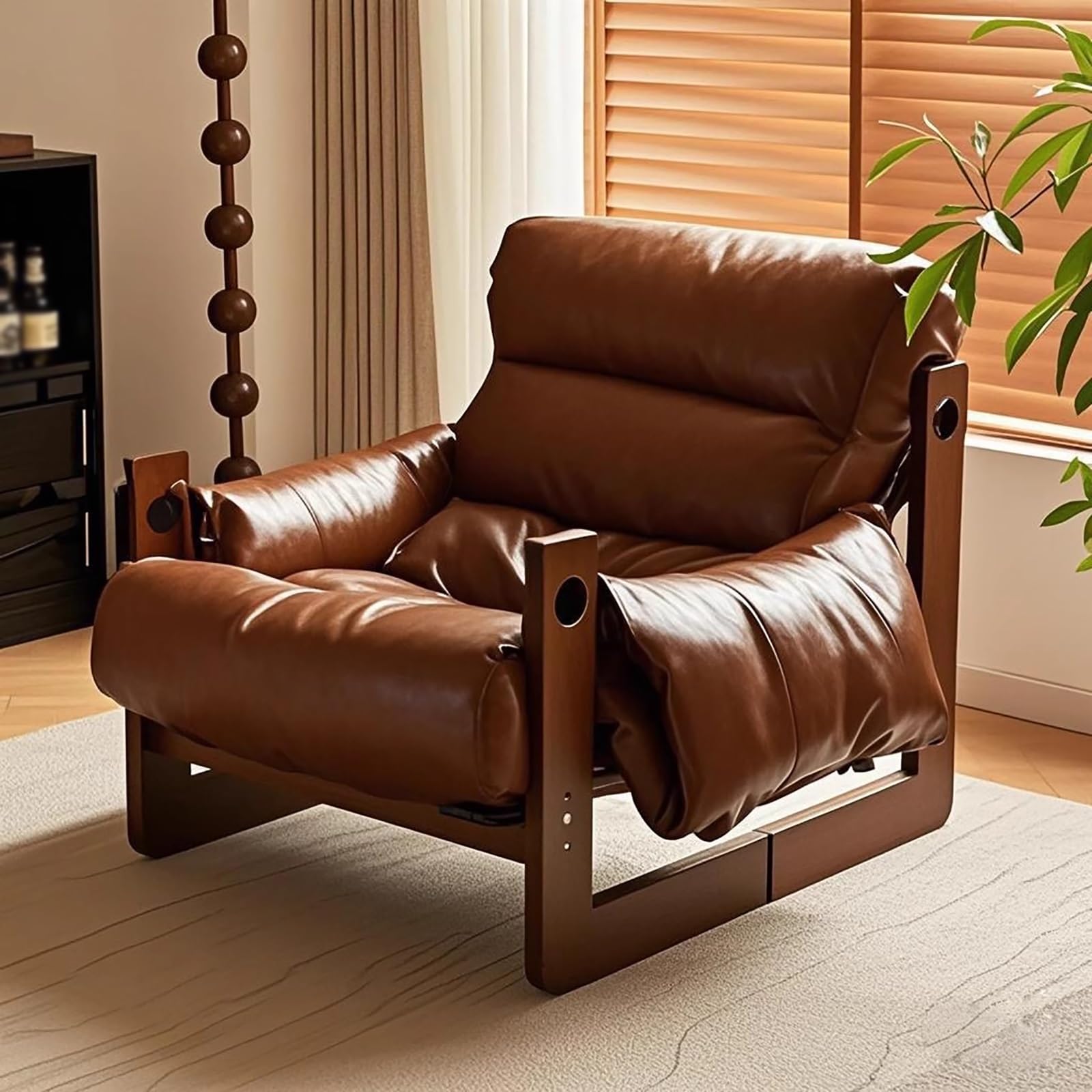 Fotel Relax Vintage, Retro Lounge Krzesło z Ramą z Drewna Gumowego i Skórą Olejowo-Woskową, Wygodne Siedzisko do Salonu i Biura(Red)