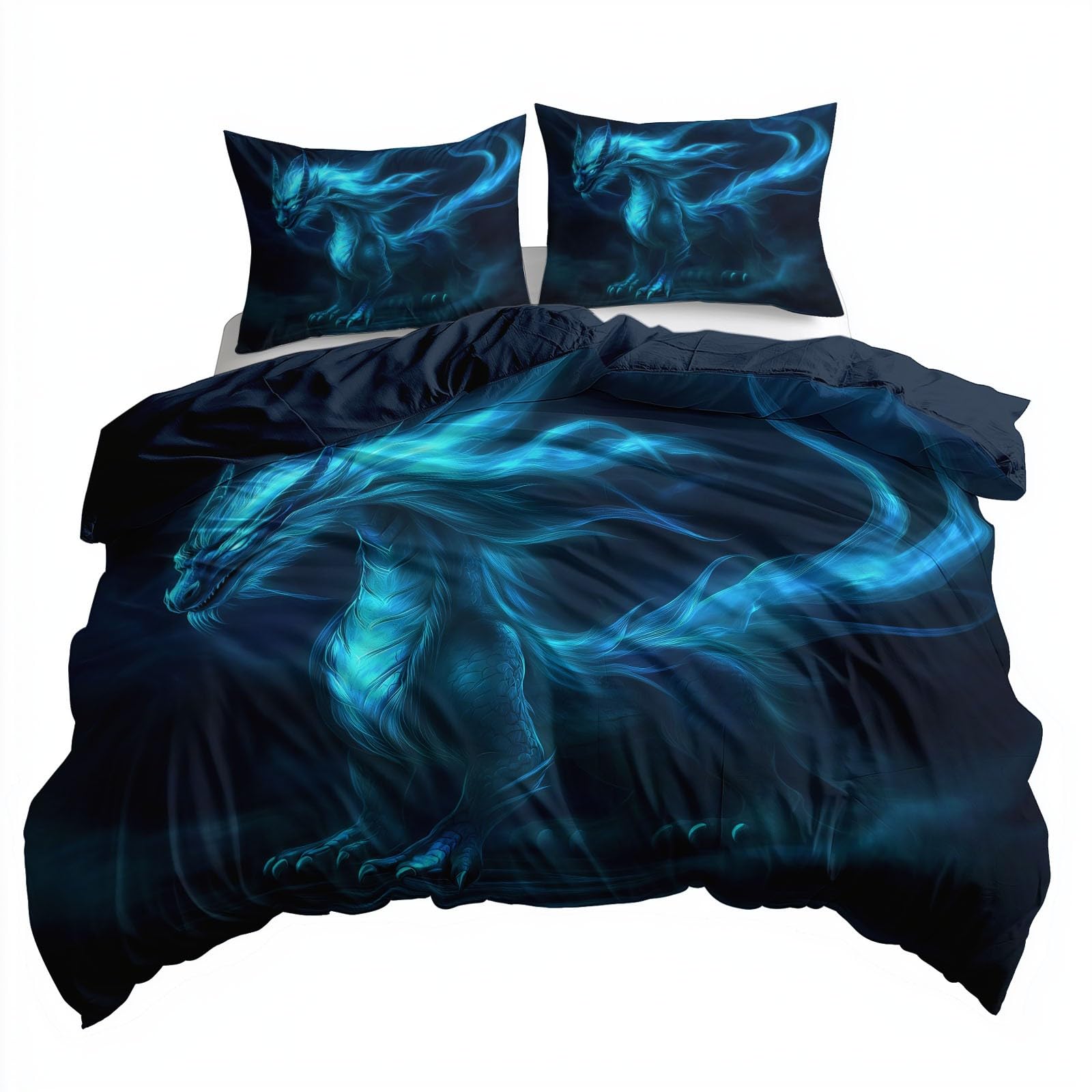 Bettwäsche 200 x 220 cm 3teilig Fantasie Riesendrache Anime Wendebettwäsche Set, Weich Kuschelig Microfaser Schwarz Kinderbettwäsche Teen Bettbezug mit Reißverschluss und 2 Kissenbezug 80x80cm