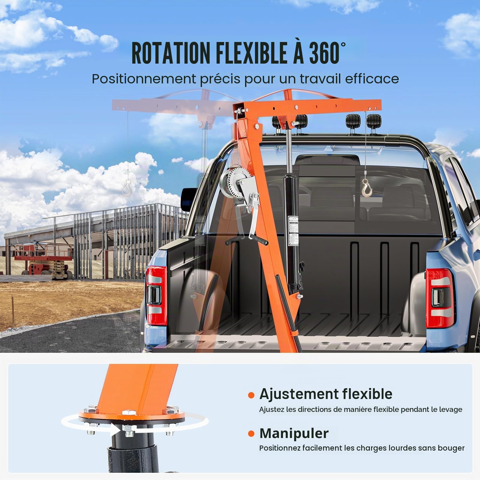 VEVOR Grue hydraulique pour camionnette, capacité de 227 kg, grue montée sur attelage, avec 3 capacités de flèche de 50 kg, 100 kg, 200 kg, pour le levage de marchandises dans la construction, l'usine