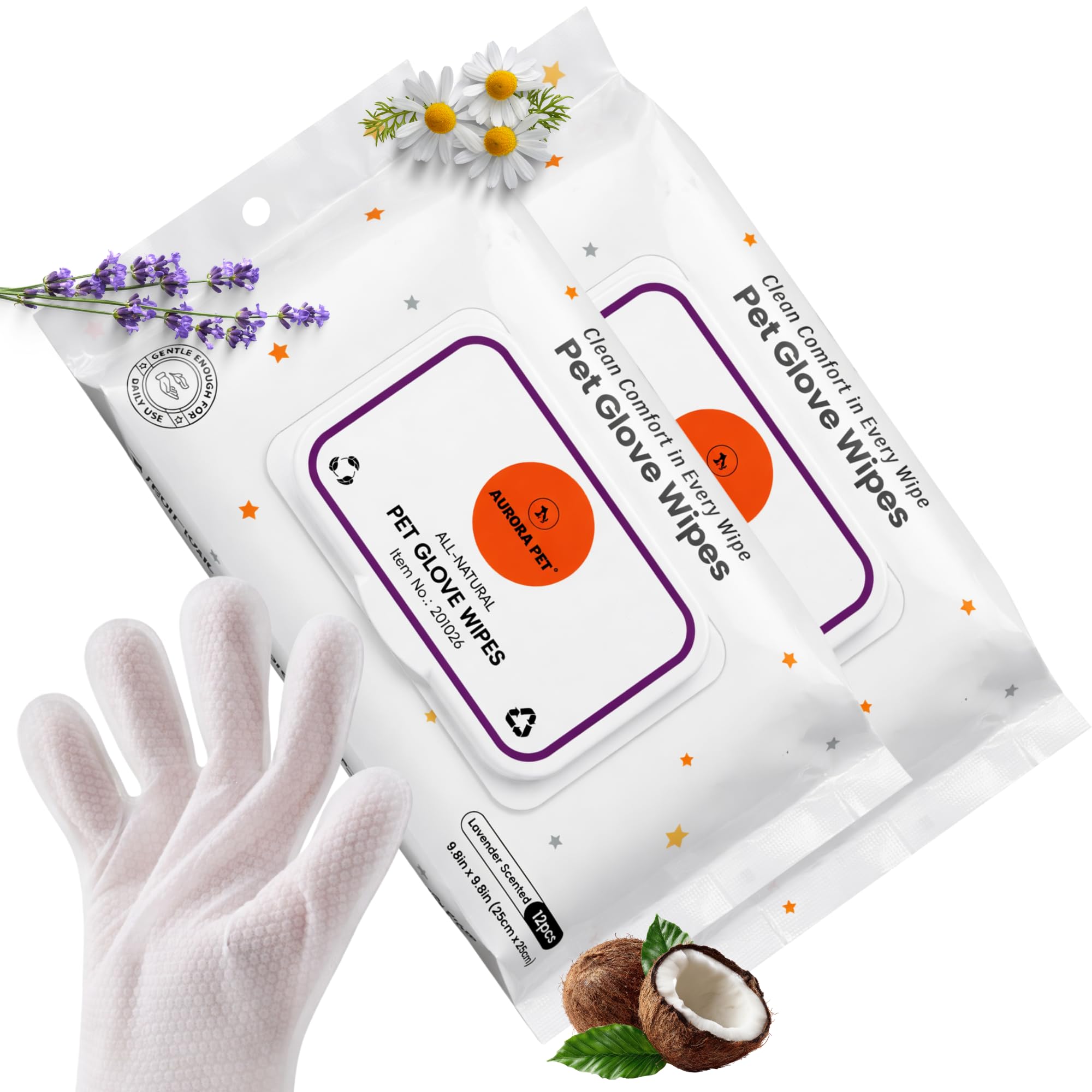 Aurora Pet Glove Wipes for Dogs &amp; Cats, Wearable No-Rinse Grooming Glove Wipes for Paws, Face, Ears &amp; Body, Hypoallergenic Disposable Pet Cleaning Wipes, Lavender Scented, 24 Count