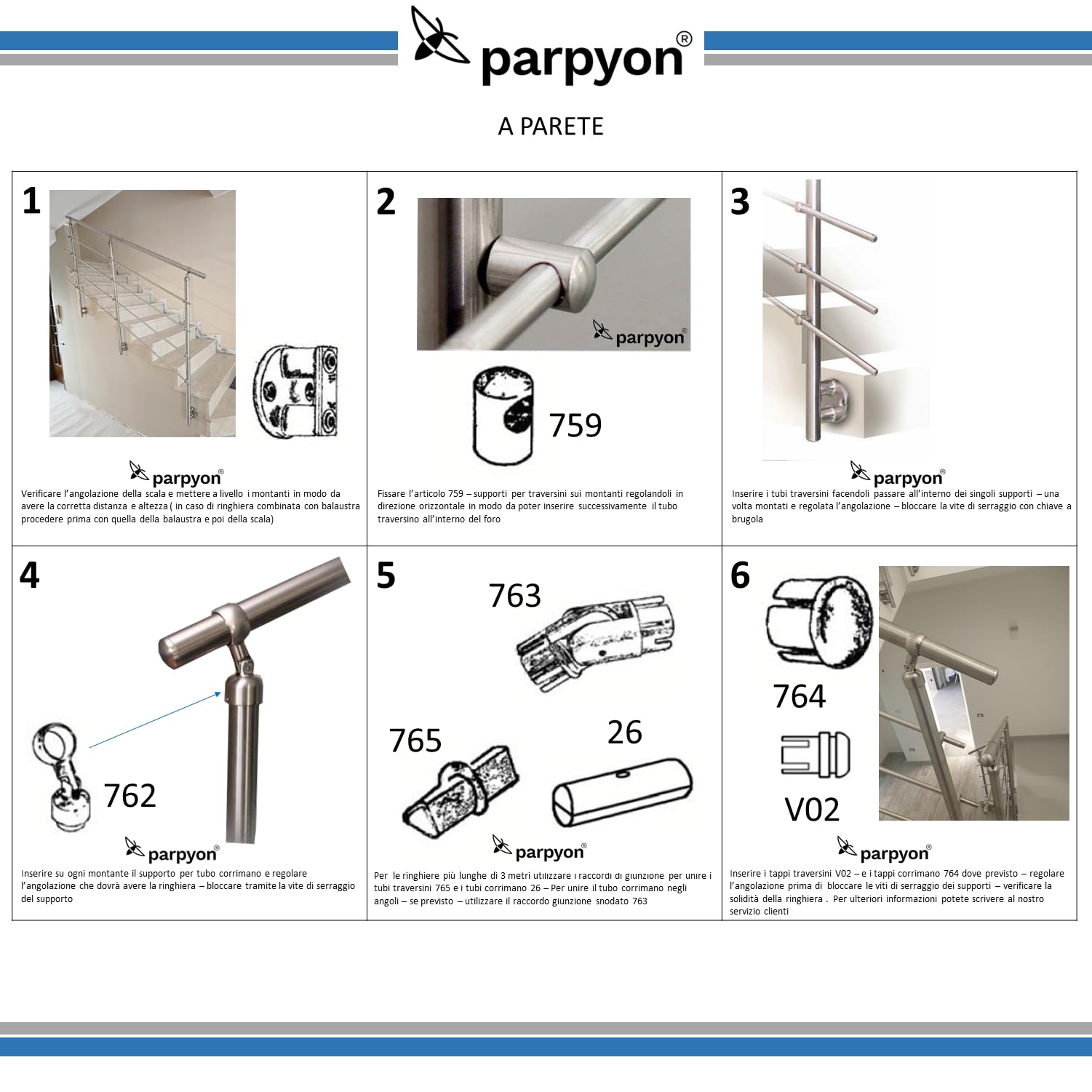 Parpyon® Ringhiera per Scale interne in acciaio Inox AISI 304 Uso Interno Balaustra 3 metri Fissaggio a PARETE montaggio FACILE fai da te