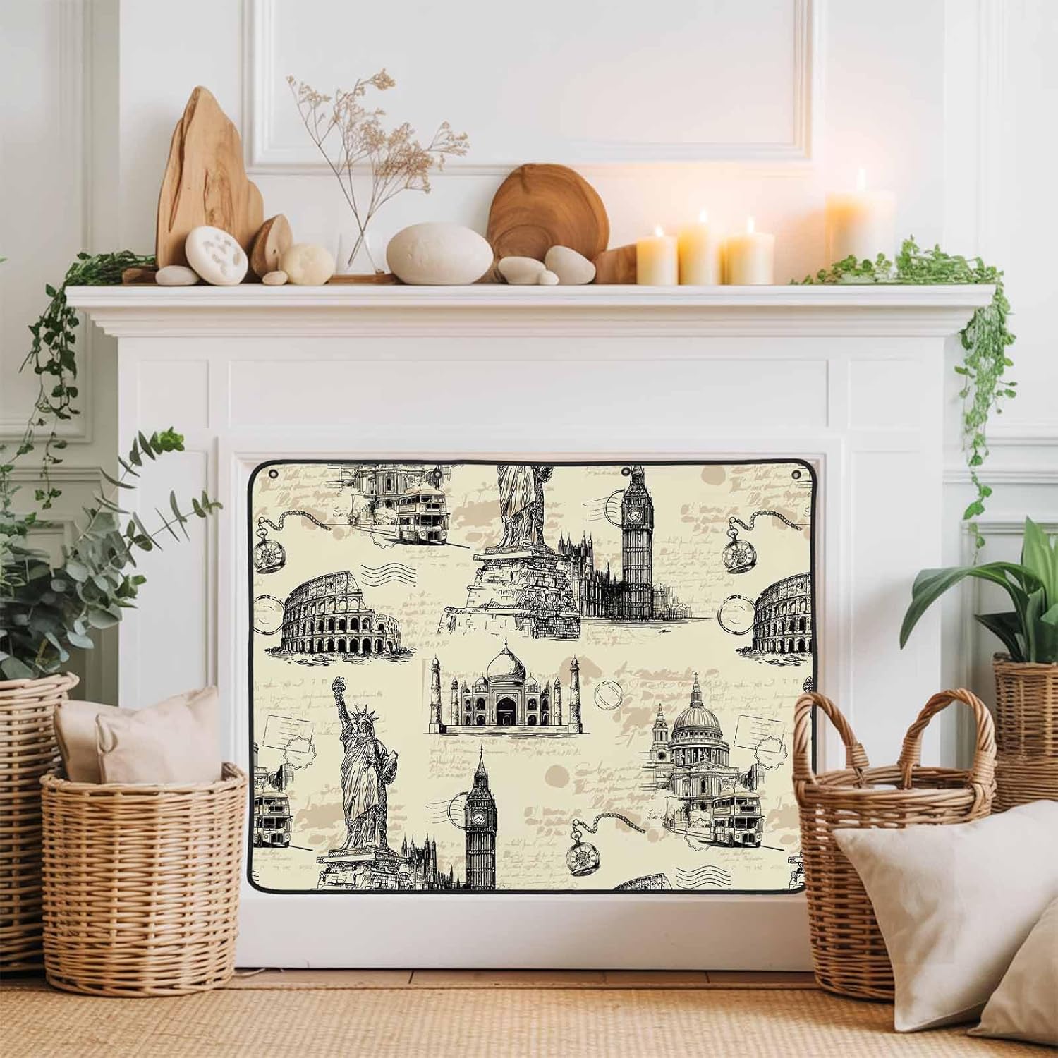 Magnetic Fireplace Cover Architecture Landscape Fireplace Screen Decorative Beige Scenic Spots Insulation Fireplace Blocker Save Energy Fireplace Draft Stopper Covers for Living Room 39x32 Inch