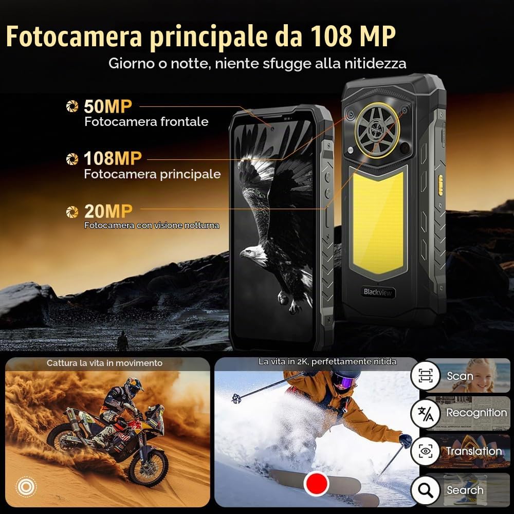 Blackview ROCK 5 Rugged Smartphone 5W HiFi Altoparlante, 48GB+256GB AI Telefono Android 16, 6.78" FHD+ 120Hz, 20000mAh, Lampada Campeggio 350lm, 108MP+50MP, 4G Telefono Indistruttibile, NFC/OTG/GPS